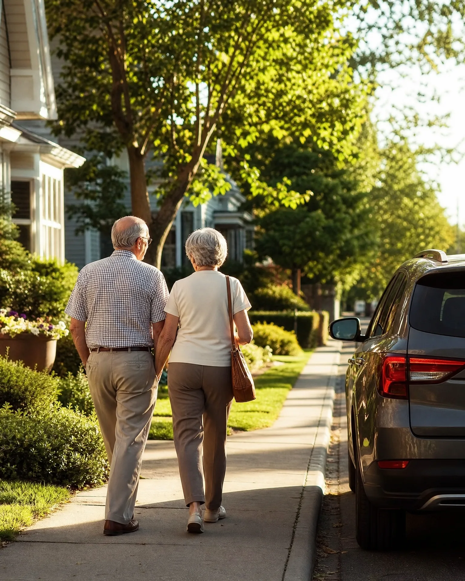 An older man and woman walk away from the camera along a sunlit sidewalk past a house, hedges and leafy trees, with a dark SUV parked at the curb on the right.