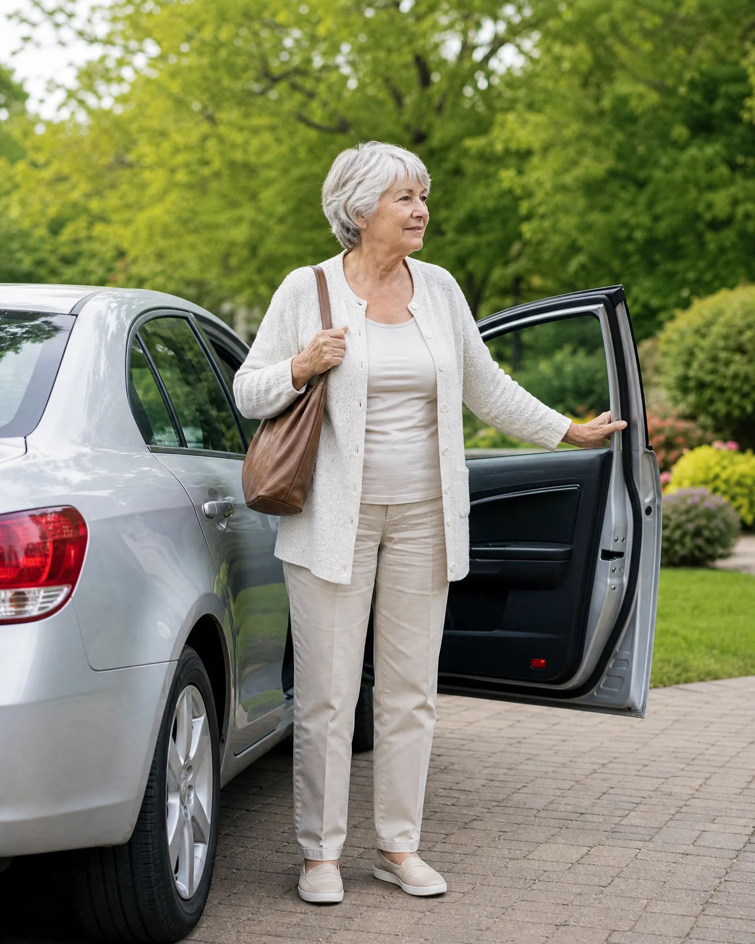 An older woman with short gray hair, wearing a white cardigan and beige pants with a brown shoulder bag, stands beside a silver car holding its open rear door on a paved driveway with green trees and shrubs behind.