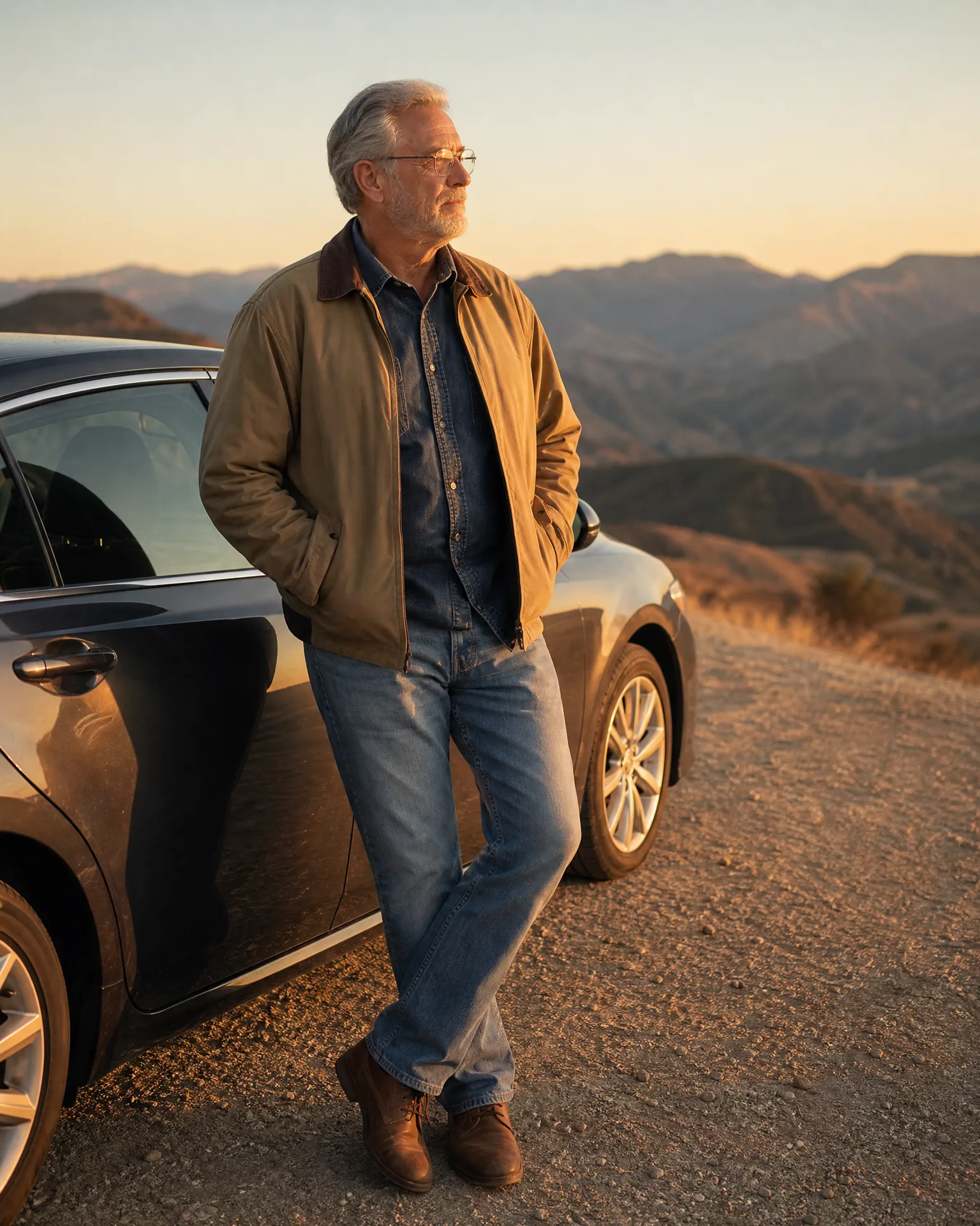 A gray-haired man with glasses and a beard, wearing a tan jacket, denim shirt, jeans and brown boots, leans against a dark sedan on a dirt road with hills in the background at low sun.