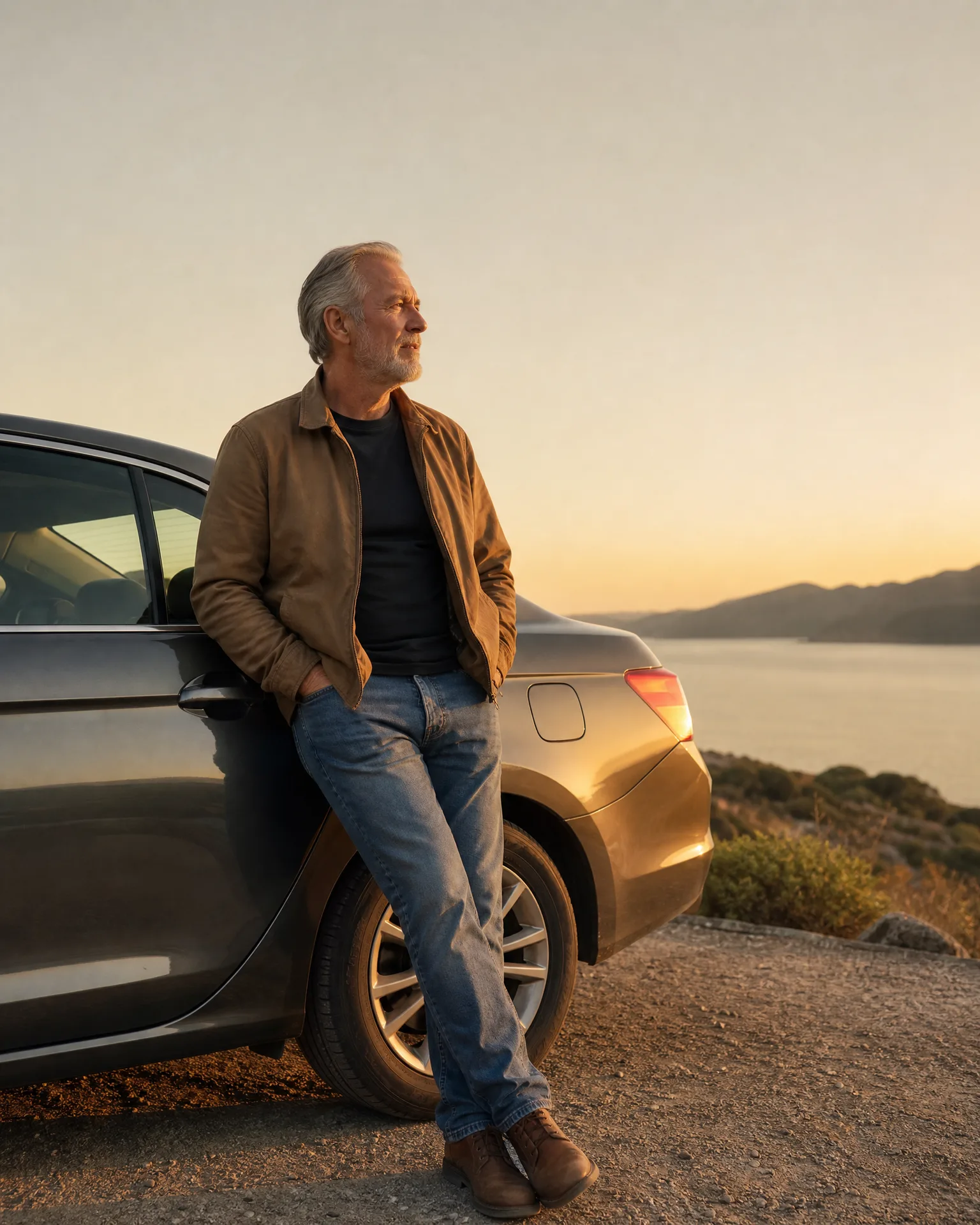 A gray-haired man in a tan jacket, dark shirt and jeans leans against the side of a car on a gravel overlook above water and distant hills at sunset.