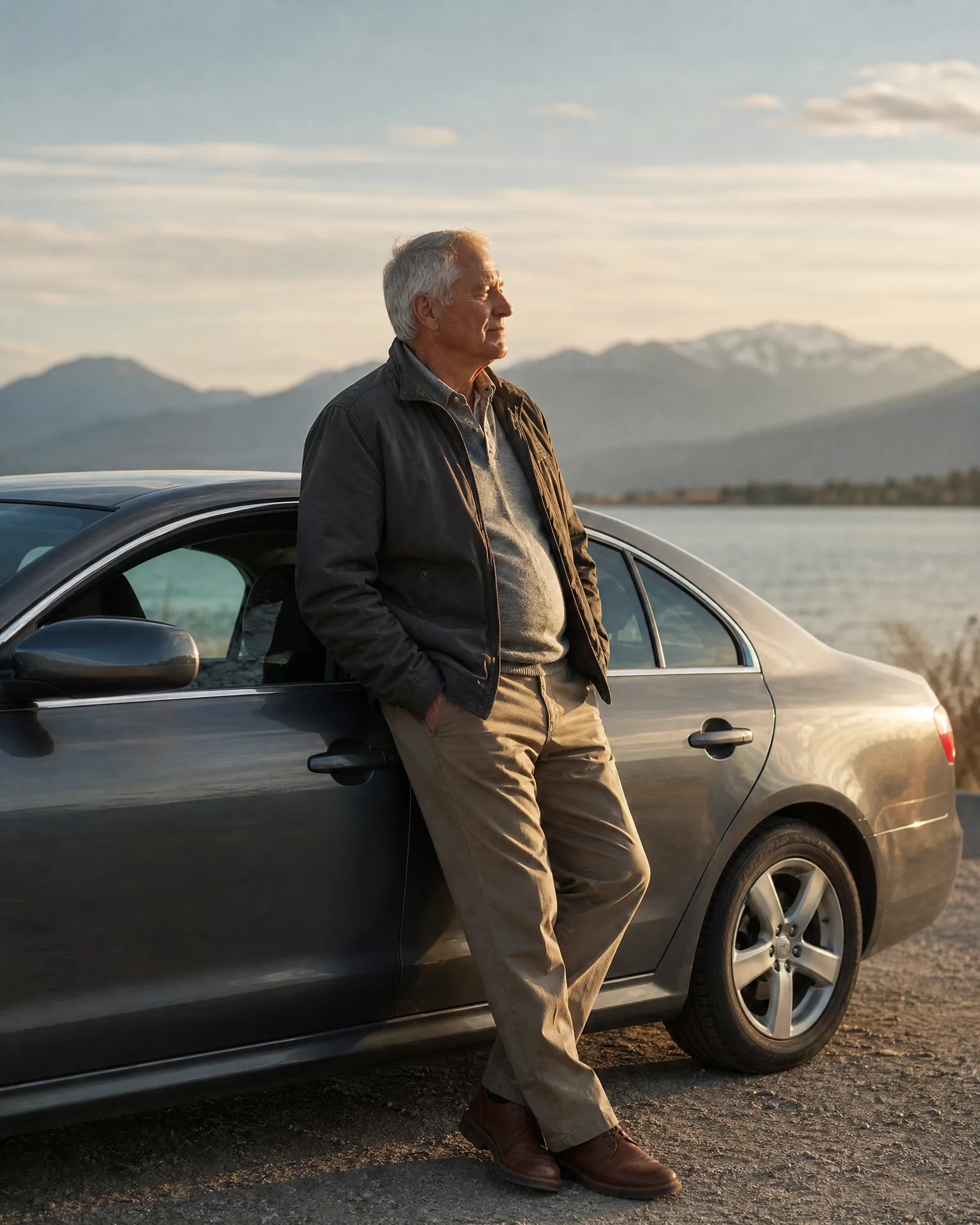 An older man with grey hair, wearing a dark jacket and tan trousers, leans against a grey sedan on a gravel shoulder beside a lake, with snow-streaked mountains in the background.