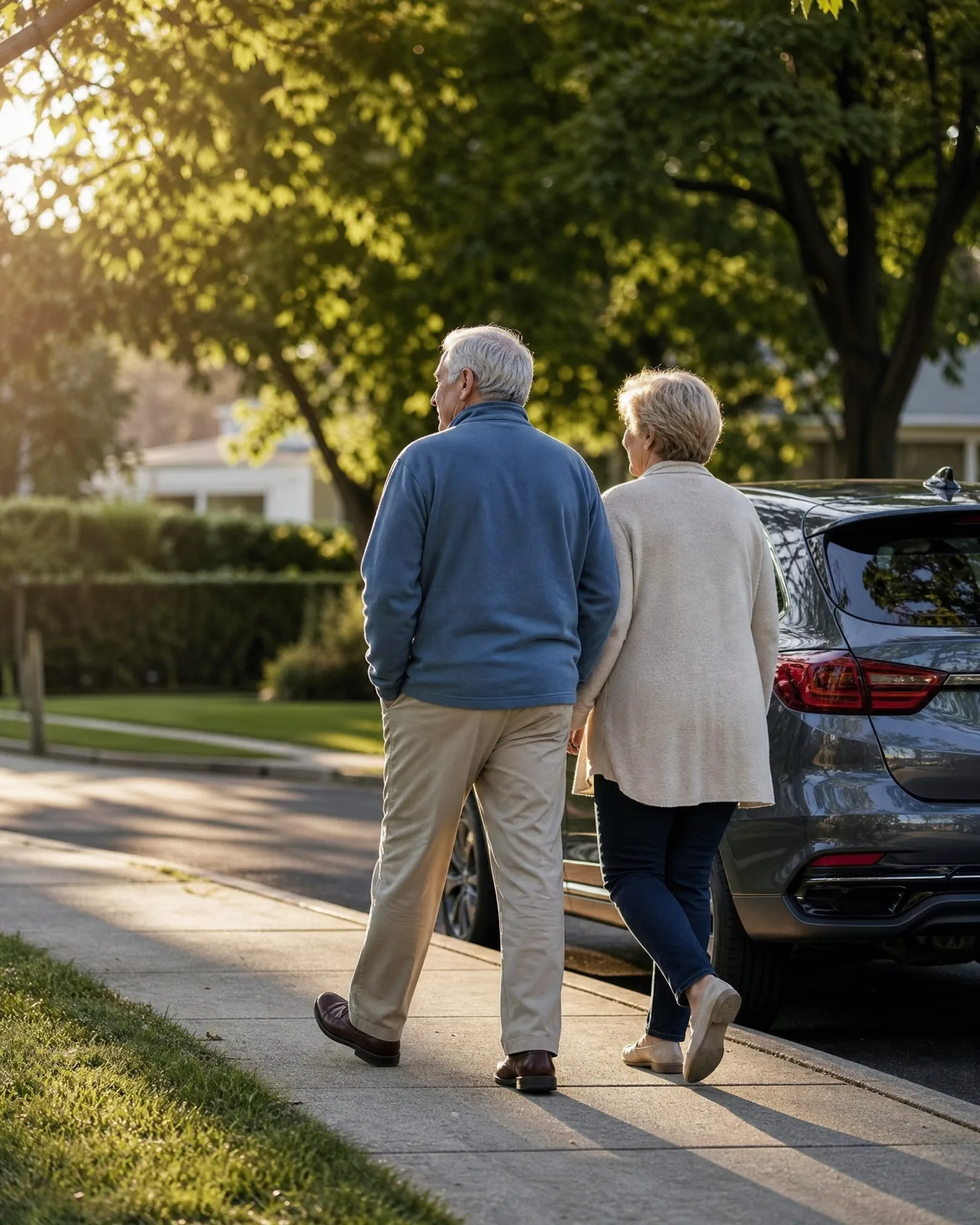 An older man in a blue pullover and khakis and an older woman in a cream cardigan and jeans walk away from the camera along a sidewalk beside a dark parked SUV, with trees, hedges and a house in the background.