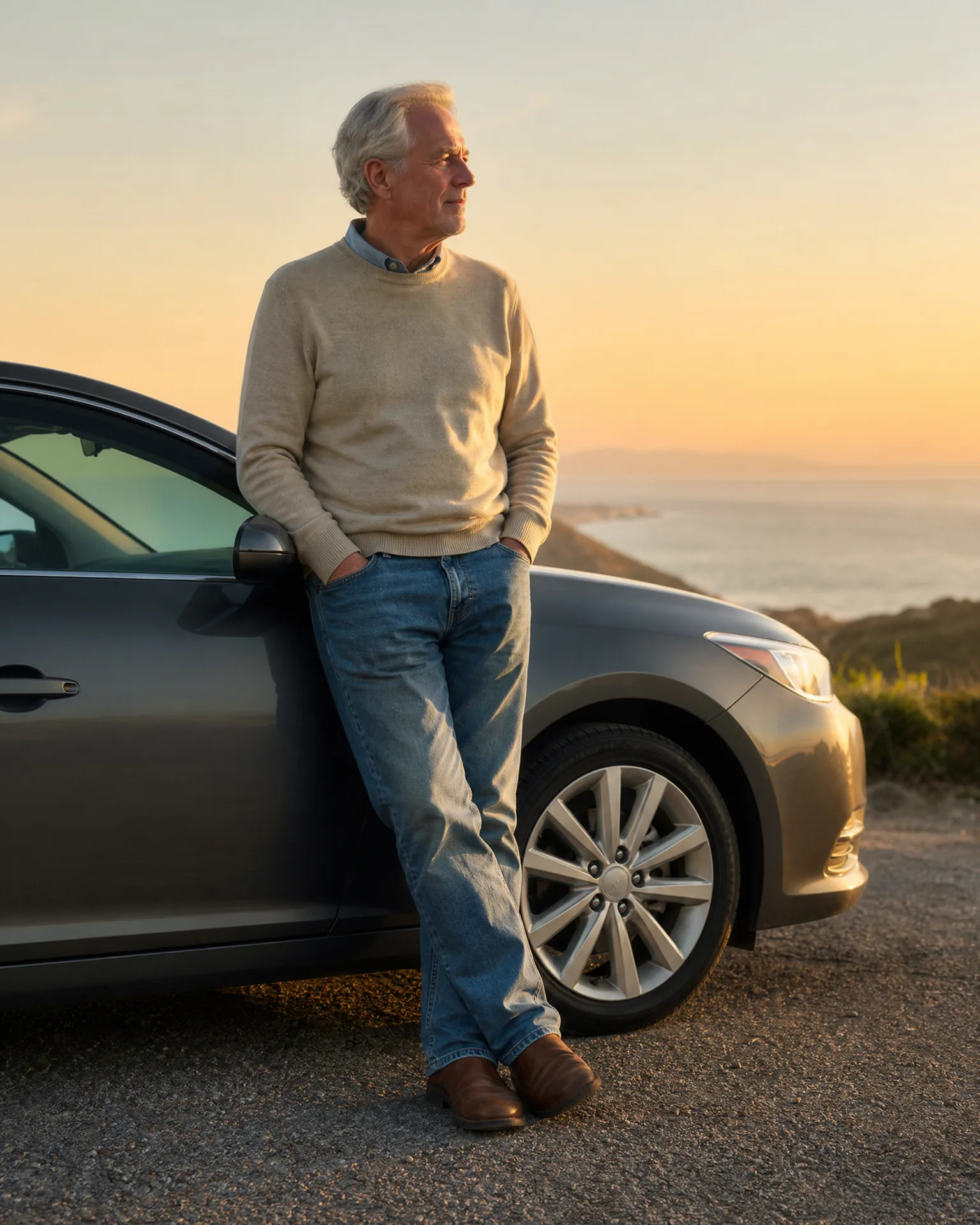A gray-haired man in a cream sweater and jeans leans against the side of a gray sedan parked on gravel, with the ocean and a hazy sunset sky behind him.