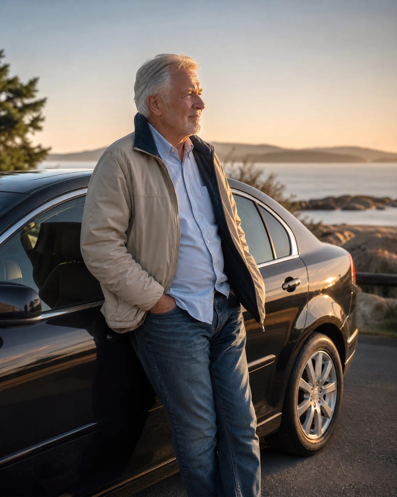 An older man with white hair, wearing a beige jacket, light blue shirt and jeans, leans against a black sedan with hands in pockets, looking out over a coastline with distant hills at sunset.