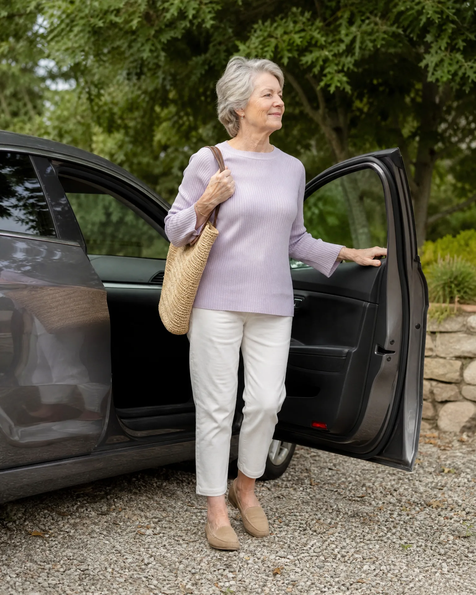 An older woman with gray hair in a lavender sweater, white pants and tan loafers stands beside an open car door on a gravel drive, holding a woven straw bag, with trees and a stone wall behind.