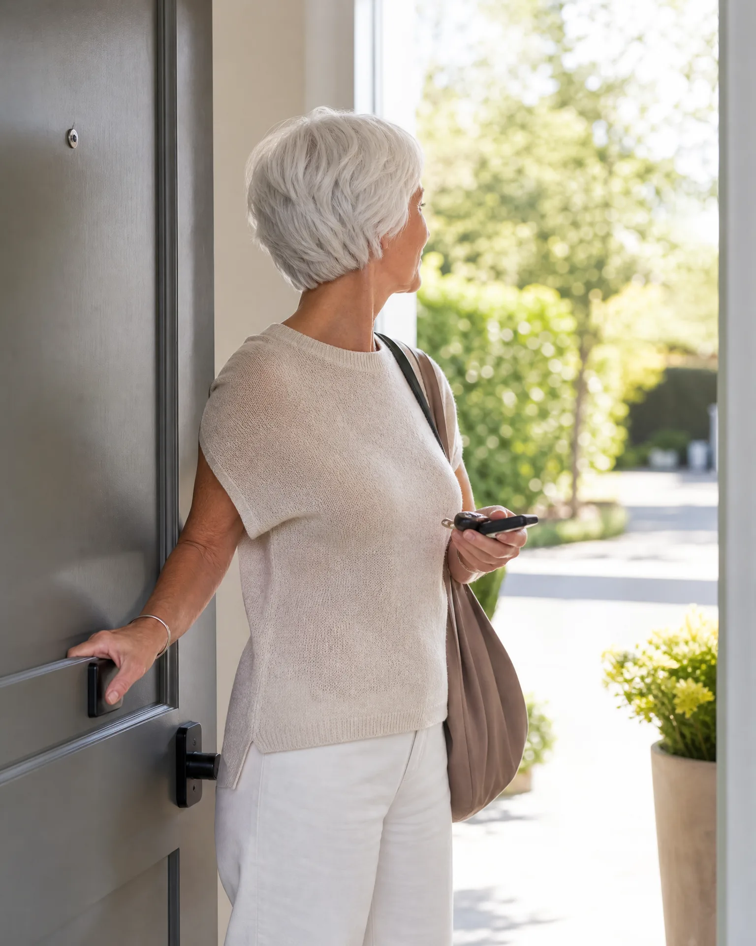 A woman with short white hair in a cream top and white trousers holds a phone and a shoulder bag while opening a grey front door toward a sunlit garden with green hedges and a potted flowering plant.