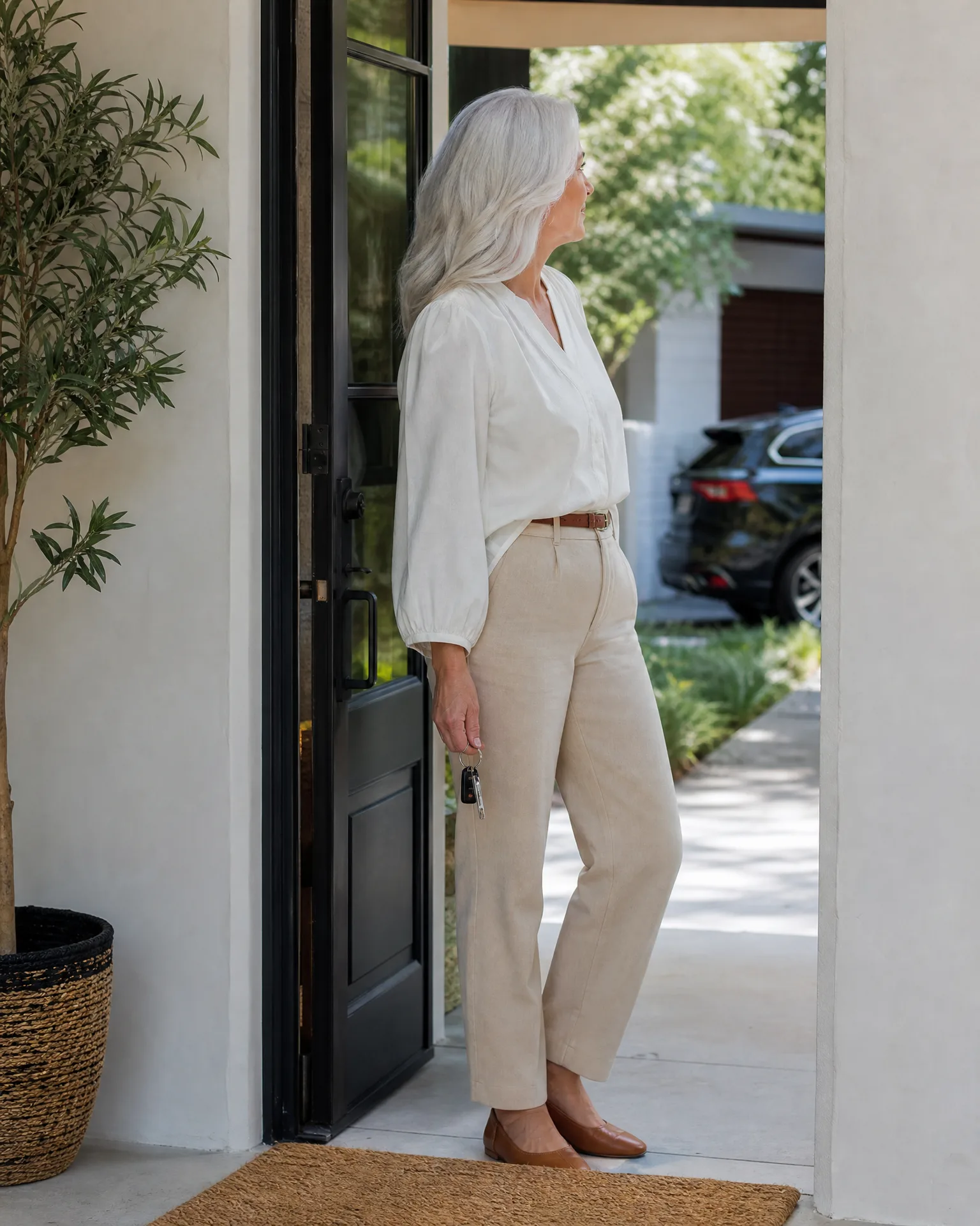 A woman with long white hair in a cream blouse and beige trousers stands in an open black-framed doorway holding keys, with a potted olive-like tree inside and a dark car parked outside.
