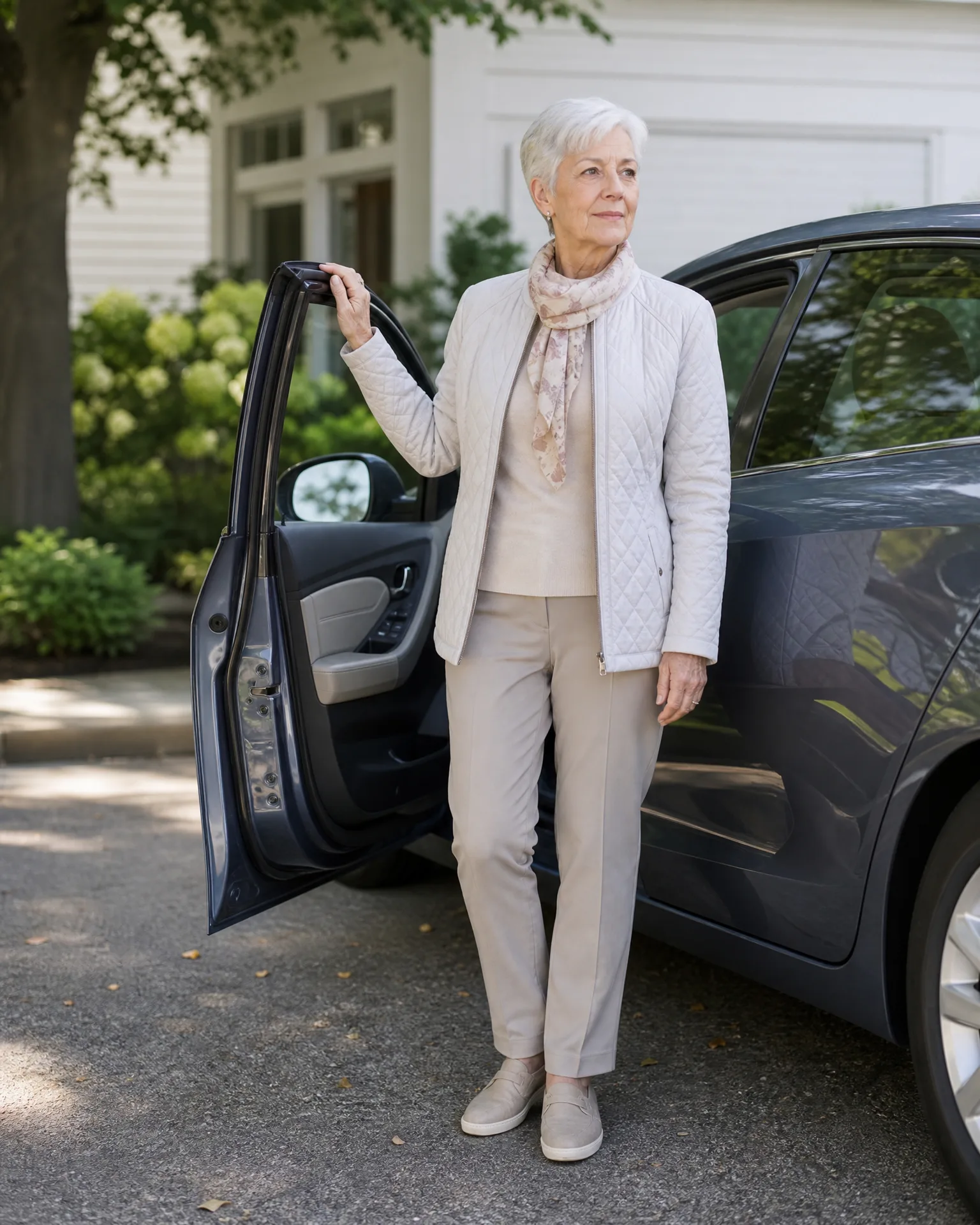 An older woman with short white hair, wearing a cream quilted jacket, patterned scarf, beige trousers and slip-on shoes, stands holding the open rear door of a dark sedan on a driveway in front of a white house with shrubs.