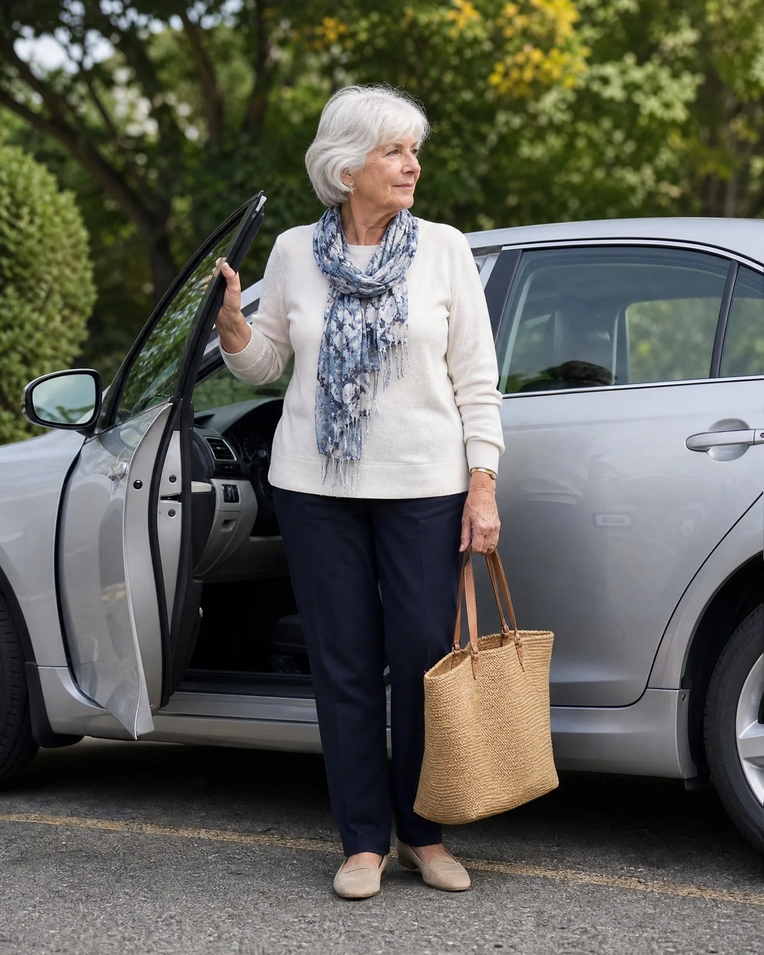 An older woman with white hair, wearing a cream sweater, blue floral scarf and navy trousers, stands beside the open driver's door of a silver car holding a woven tote bag, with green trees behind.