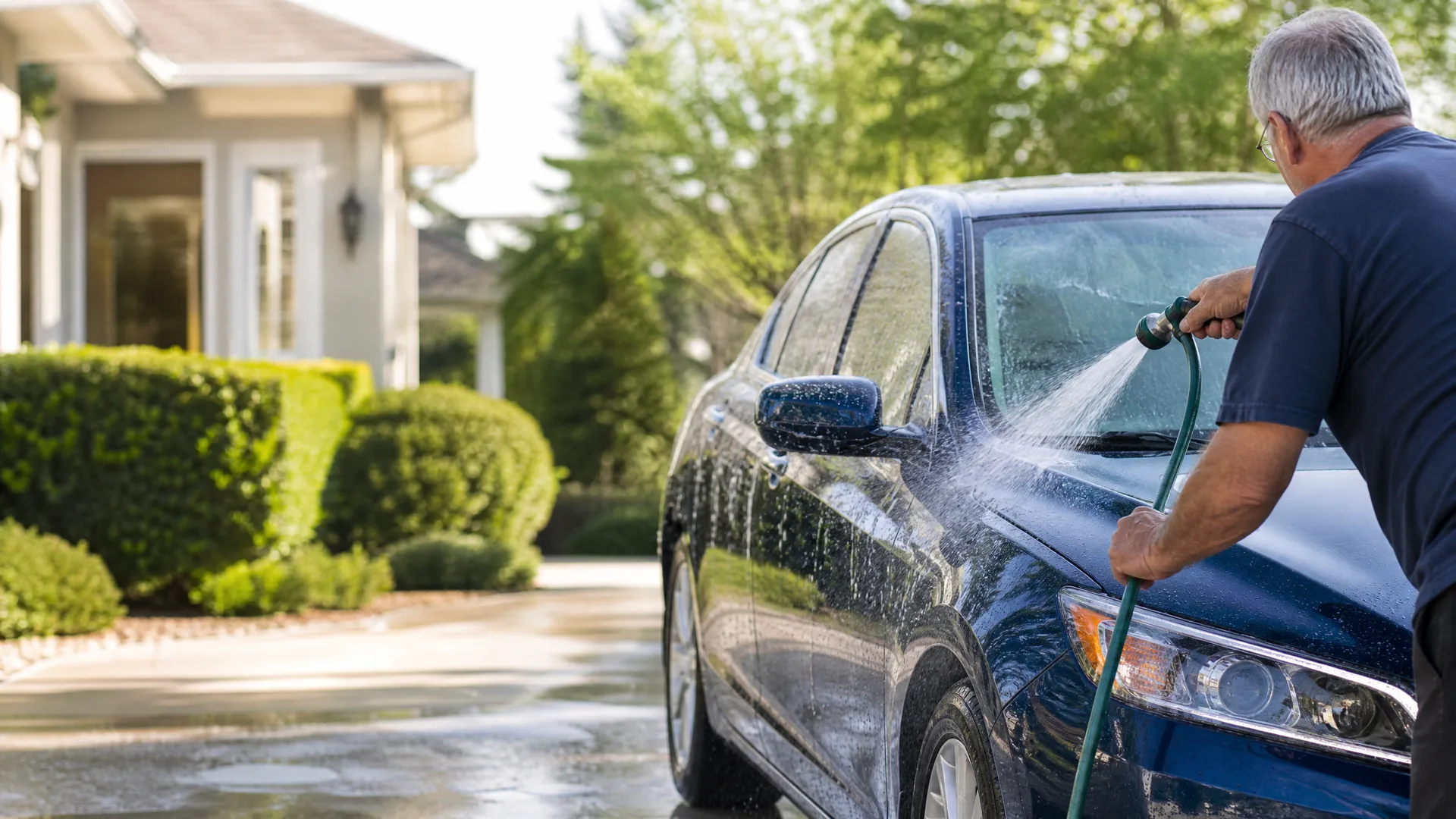 A man in a dark blue shirt sprays water from a green garden hose onto a dark blue sedan parked on a driveway, with trimmed hedges and a light-colored house in the background.