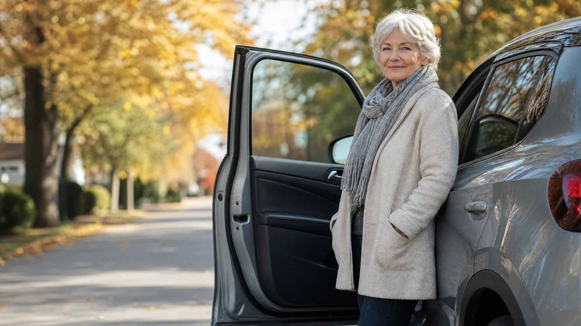 An older woman with short white hair, wearing a light coat and gray scarf, stands beside a silver car with the front door open on a tree-lined street with autumn foliage.