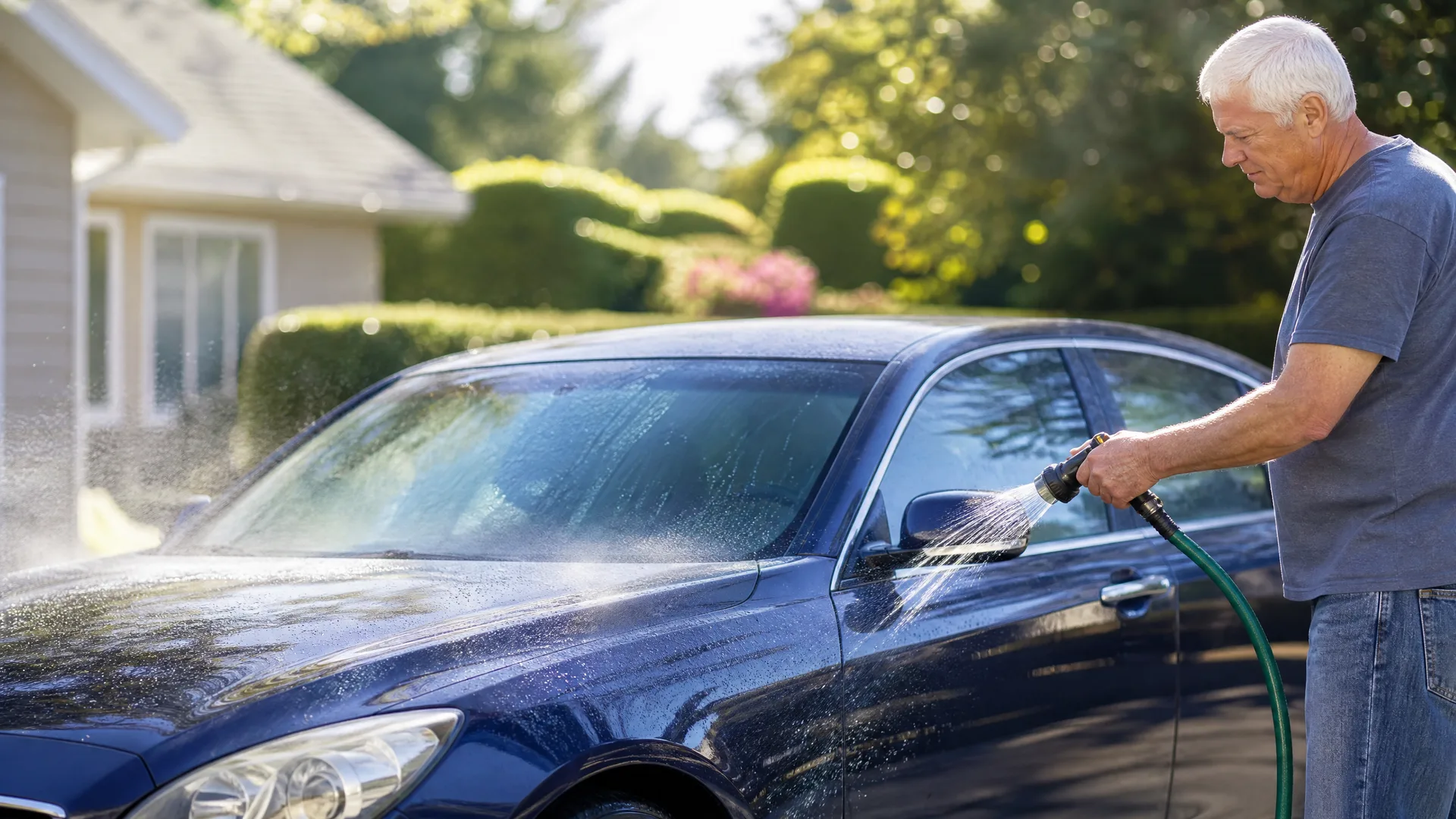 An older man in a blue T-shirt and jeans sprays a dark blue sedan covered in soap suds with a green garden hose, with a house and hedges in the background.