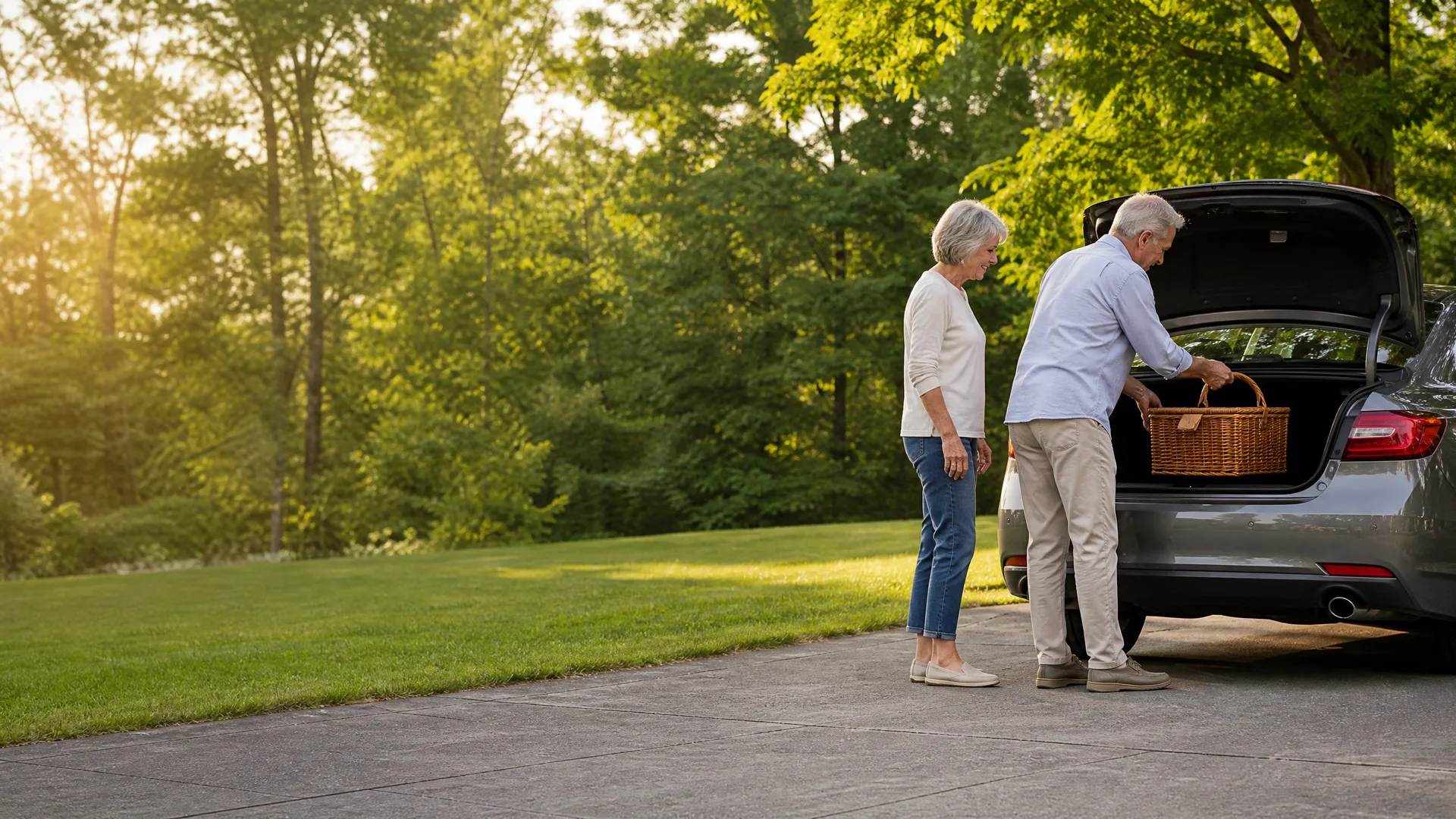 An older man lifts a wicker basket into the open trunk of a dark sedan parked on a concrete driveway while an older woman stands nearby, with a lawn and green trees behind them.