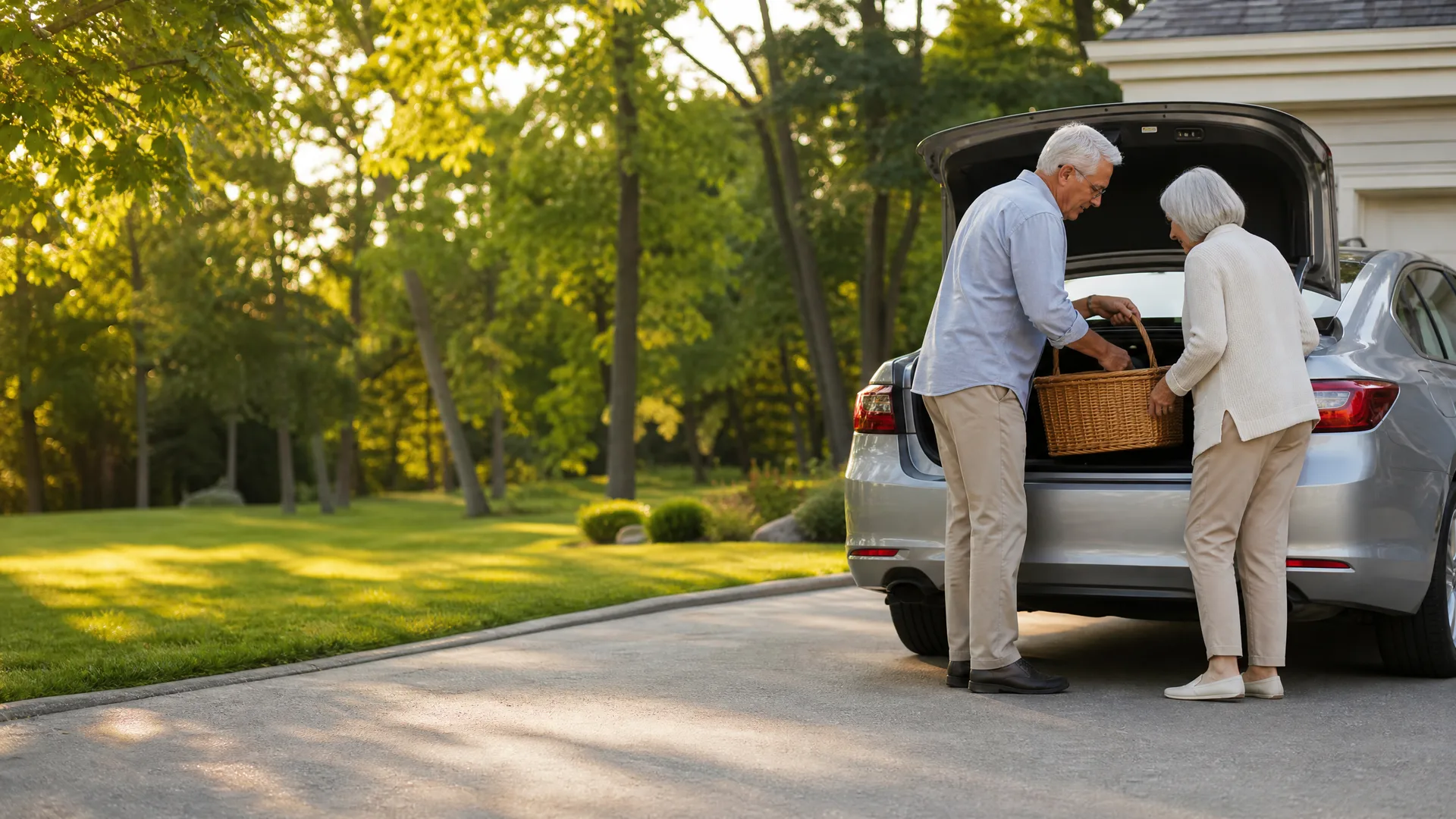 An older man and woman load a wicker picnic basket into the open rear hatch of a silver car parked on a paved driveway beside a lawn and leafy trees.