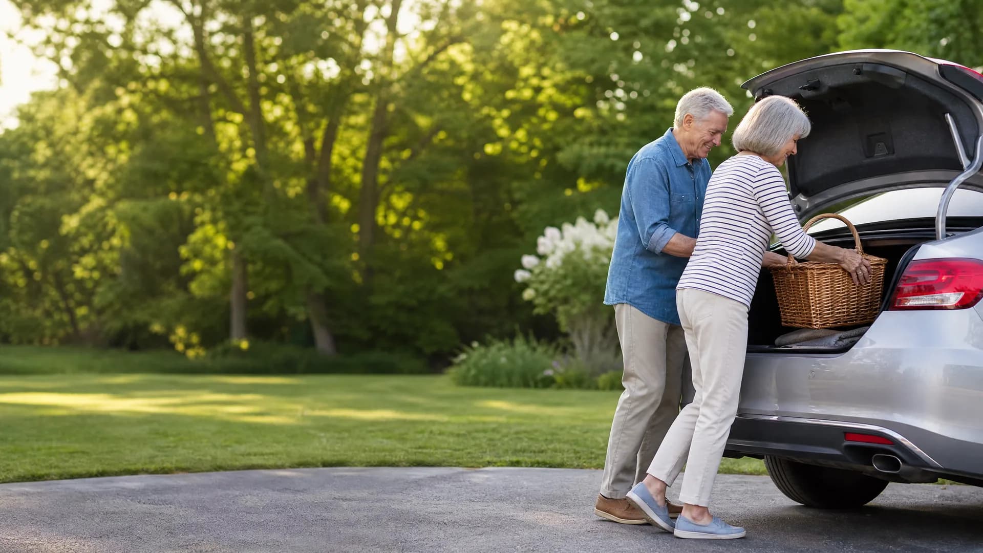 An older man and woman load a wicker basket into the open hatchback of a silver car parked on pavement beside a lawn and green trees.