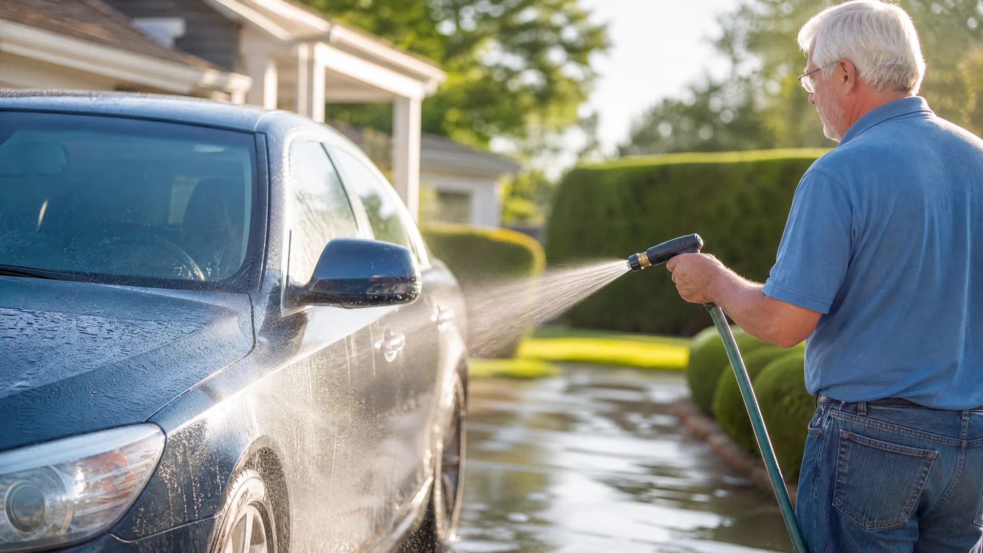 An older man in a blue polo shirt and jeans sprays water from a hose nozzle onto a dark sedan parked on a wet driveway beside trimmed hedges and a house.