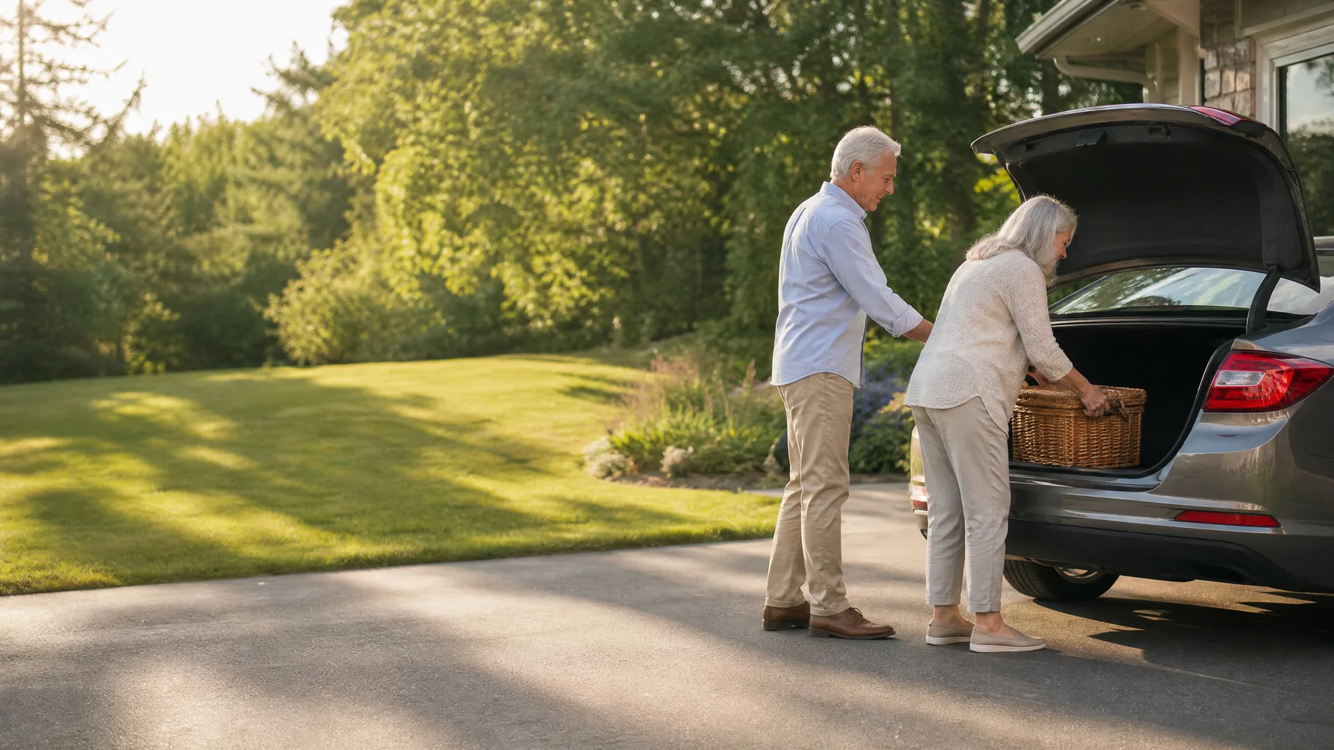 An older man and woman load a wicker basket into the open rear hatch of a gray car parked on a driveway beside a lawn and trees.