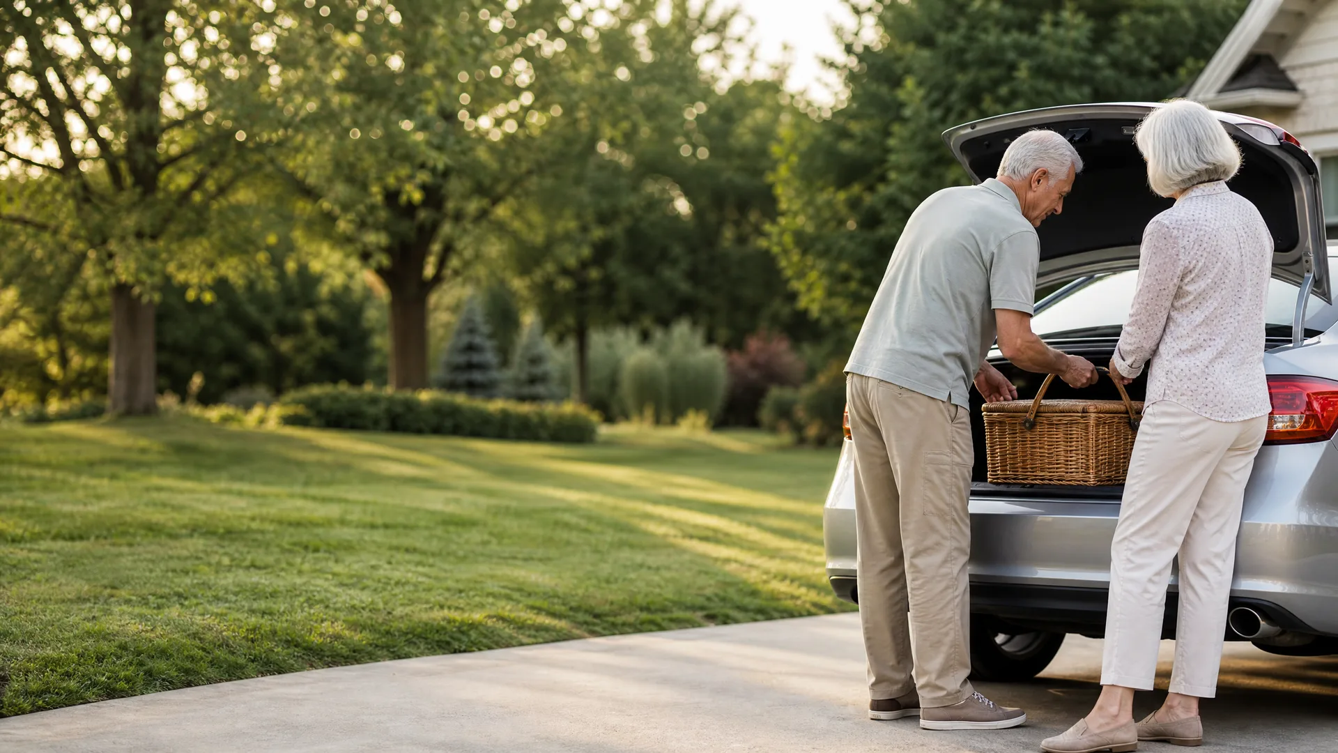 An older man and woman load a wicker picnic basket into the open hatchback of a silver car parked on a driveway beside a lawn and trees.
