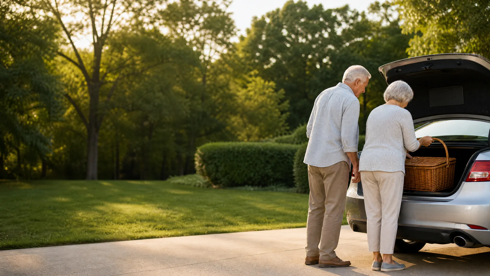 An older man and woman stand at the open trunk of a silver car on a paved driveway, loading a wicker picnic basket, with a lawn, hedge and trees behind them.
