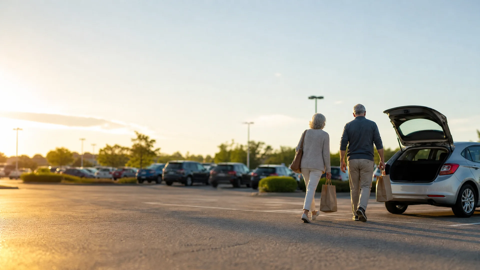 Two people carrying paper shopping bags walk across a parking lot toward a silver hatchback car with its rear hatch open, with rows of parked cars, trees and light poles in the background at sunset.