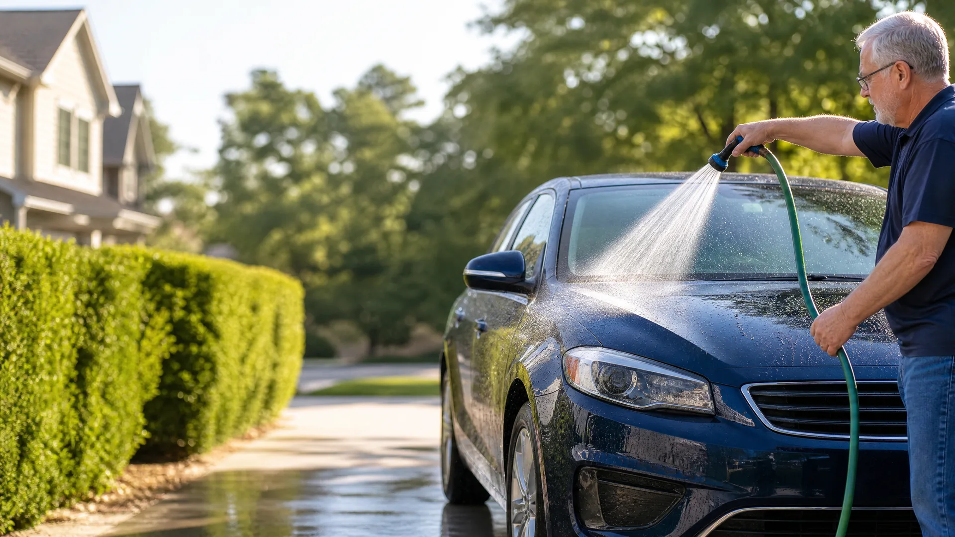 A man in a dark polo shirt sprays water from a green garden hose nozzle onto the hood and windshield of a dark blue sedan parked on a driveway, with a trimmed hedge, trees, and a light-colored house in the background.