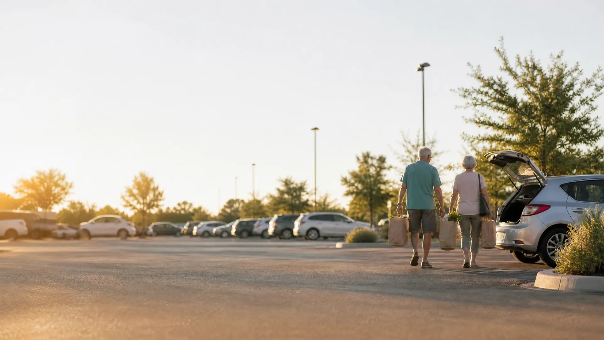 Two people carrying paper grocery bags walk across a parking lot toward a silver hatchback with its rear hatch open, with parked cars, light poles and trees in the background under a bright hazy sky.