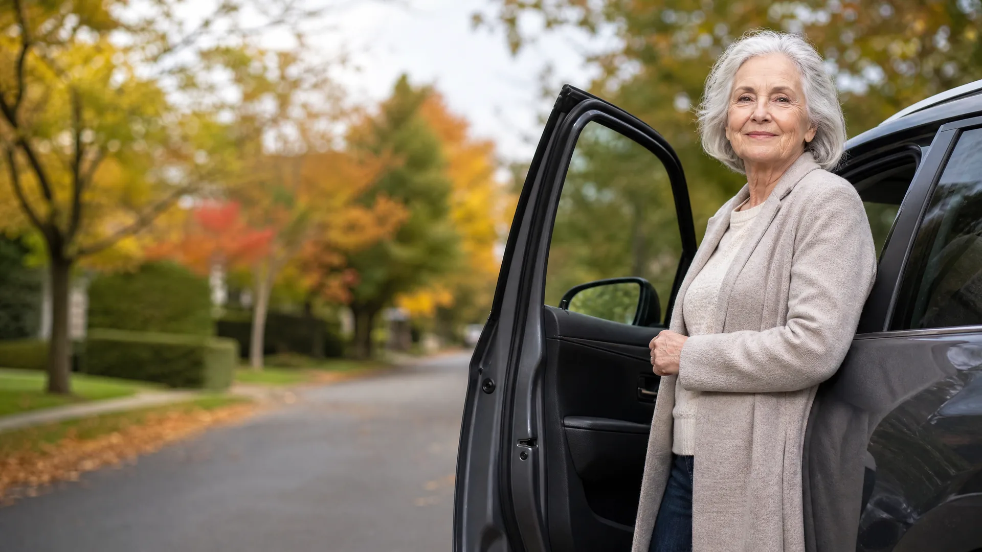 An older woman with white hair in a beige cardigan stands beside the open door of a dark car on a residential street lined with autumn-colored trees.