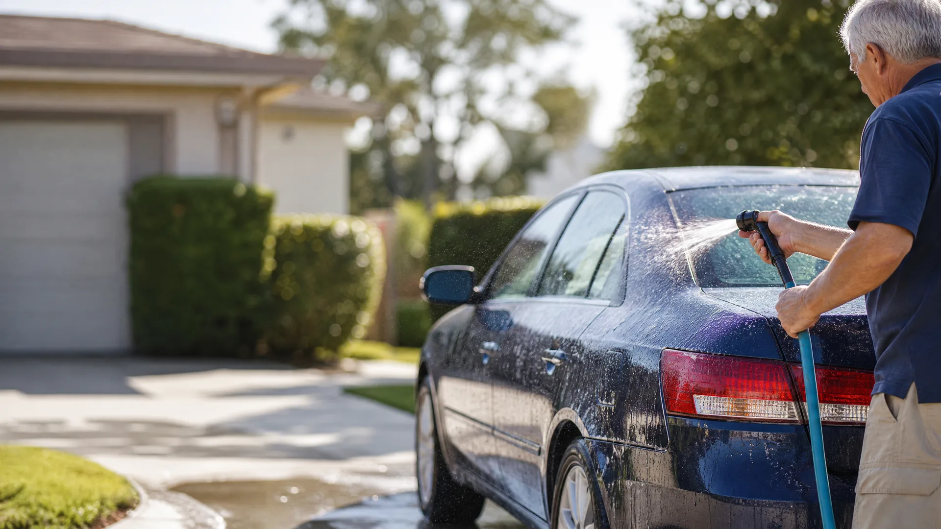 An older man in a dark blue shirt sprays water from a hose nozzle onto a soapy dark blue sedan parked on a driveway beside a light-colored house with a garage door and trimmed hedges.