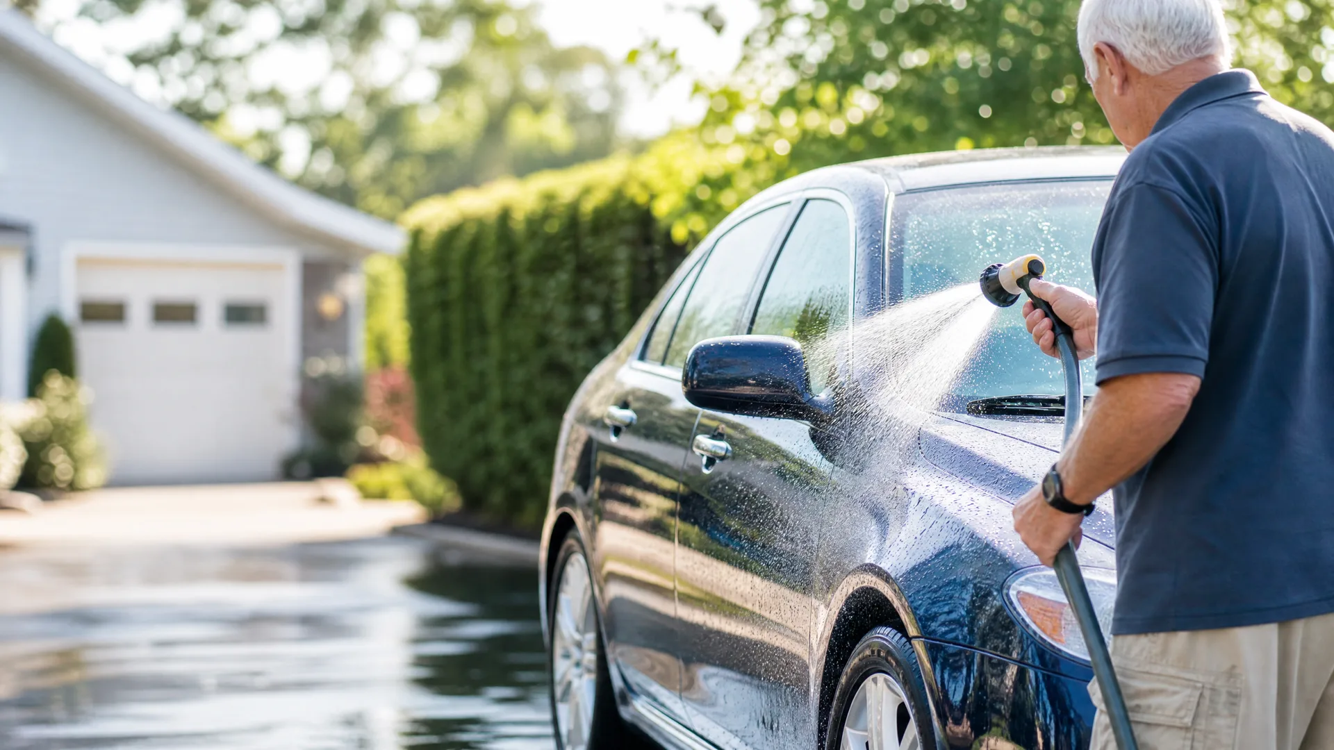 An older man in a dark polo shirt sprays water from a hose nozzle onto a dark sedan parked in a driveway, with a garage and tall hedge in the background.