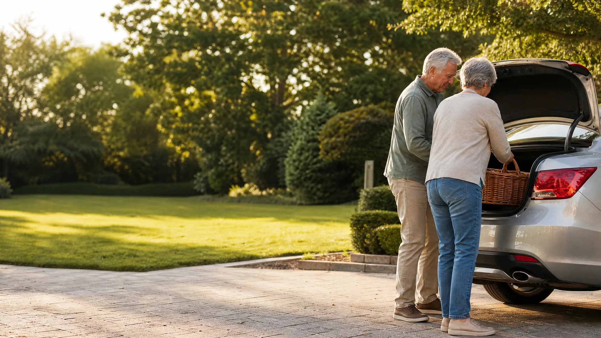 An older man and woman stand at the open rear hatch of a silver car on a paved driveway, loading a wicker basket, with a lawn and trees behind them.