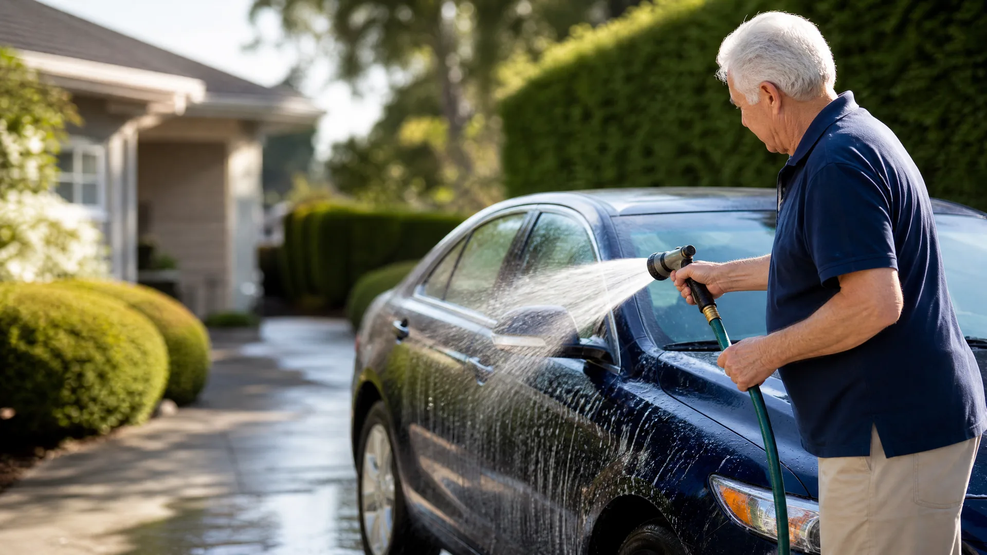 An older man in a navy polo shirt sprays a dark blue sedan with a green garden hose on a driveway beside a house with trimmed hedges.