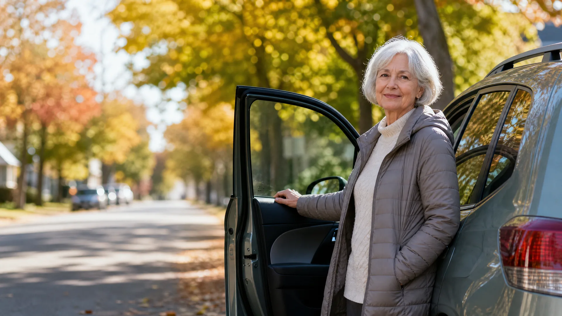 An older woman with short white hair in a quilted beige jacket stands beside an open car door on a tree-lined residential street with autumn foliage.
