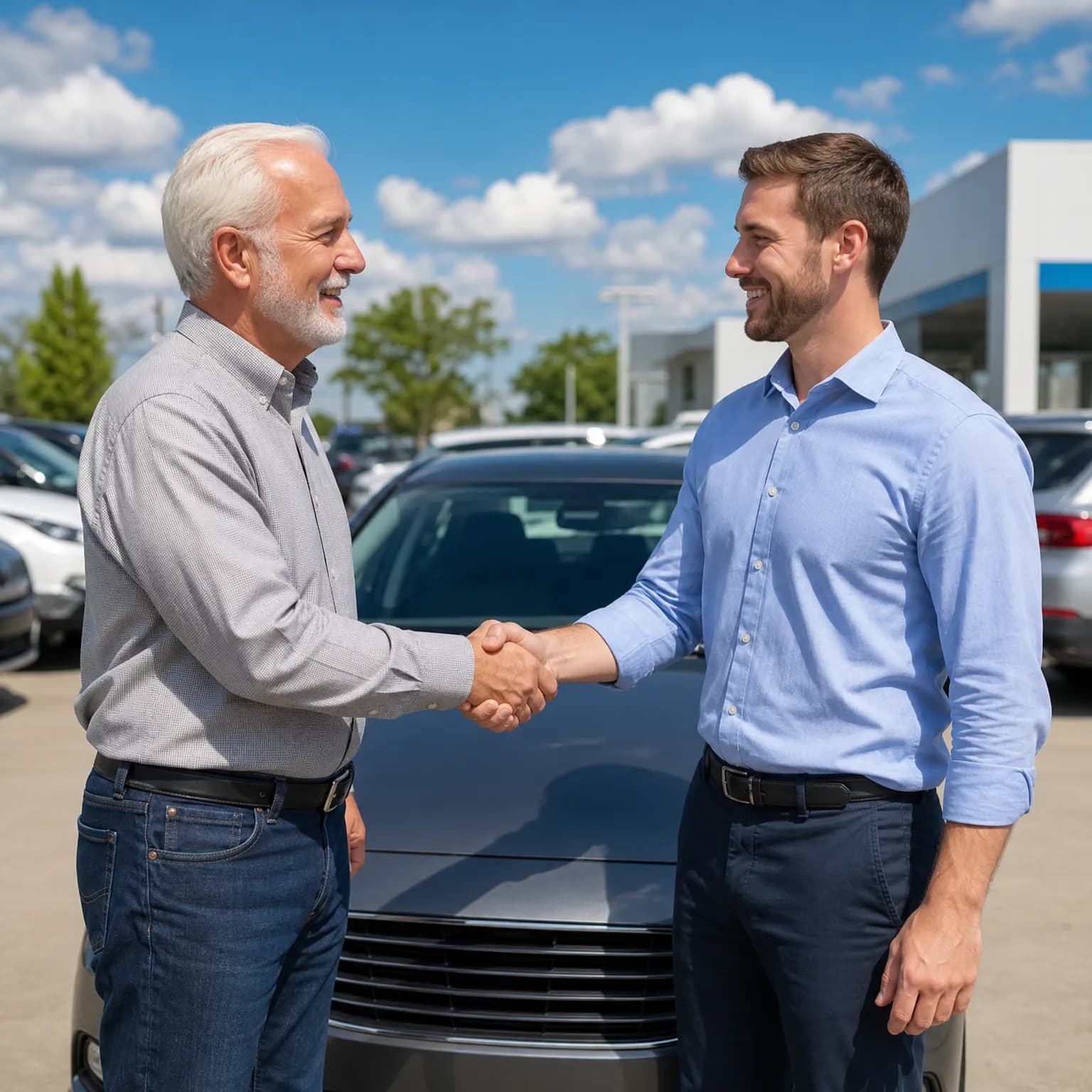 Two men shake hands in front of a gray car in an outdoor lot with other parked vehicles and a building under a partly cloudy sky.