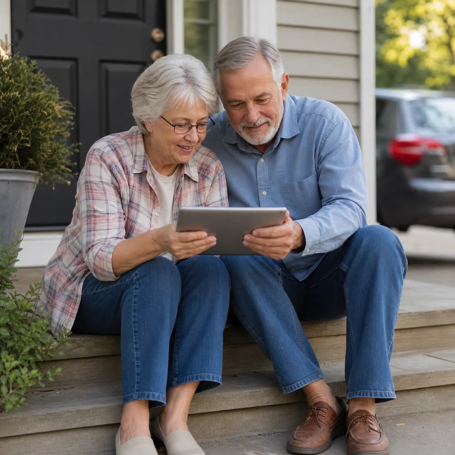 An older man and woman sit together on a house's front steps looking at a tablet, with a dark front door, potted shrub, and a parked car behind them.