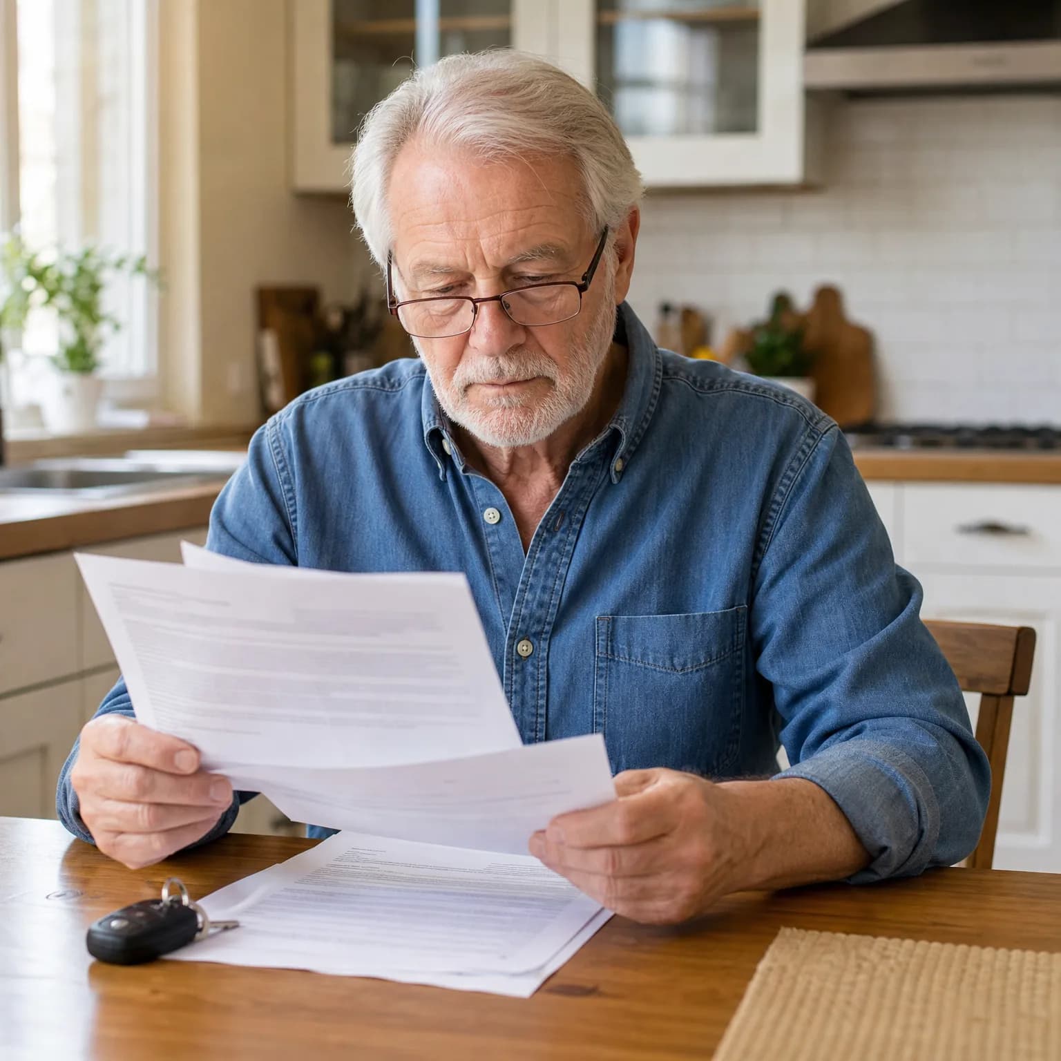 An older man with white hair, glasses and a beard, wearing a blue denim shirt, sits at a wooden table in a kitchen reading printed documents, with more papers and a car key on the table.