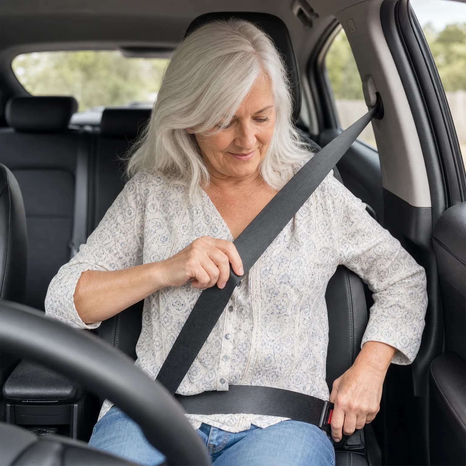 An older woman with gray hair in a patterned blouse and jeans sits in a car's driver seat, pulling the seat belt across her chest with one hand and holding the buckle area with the other.