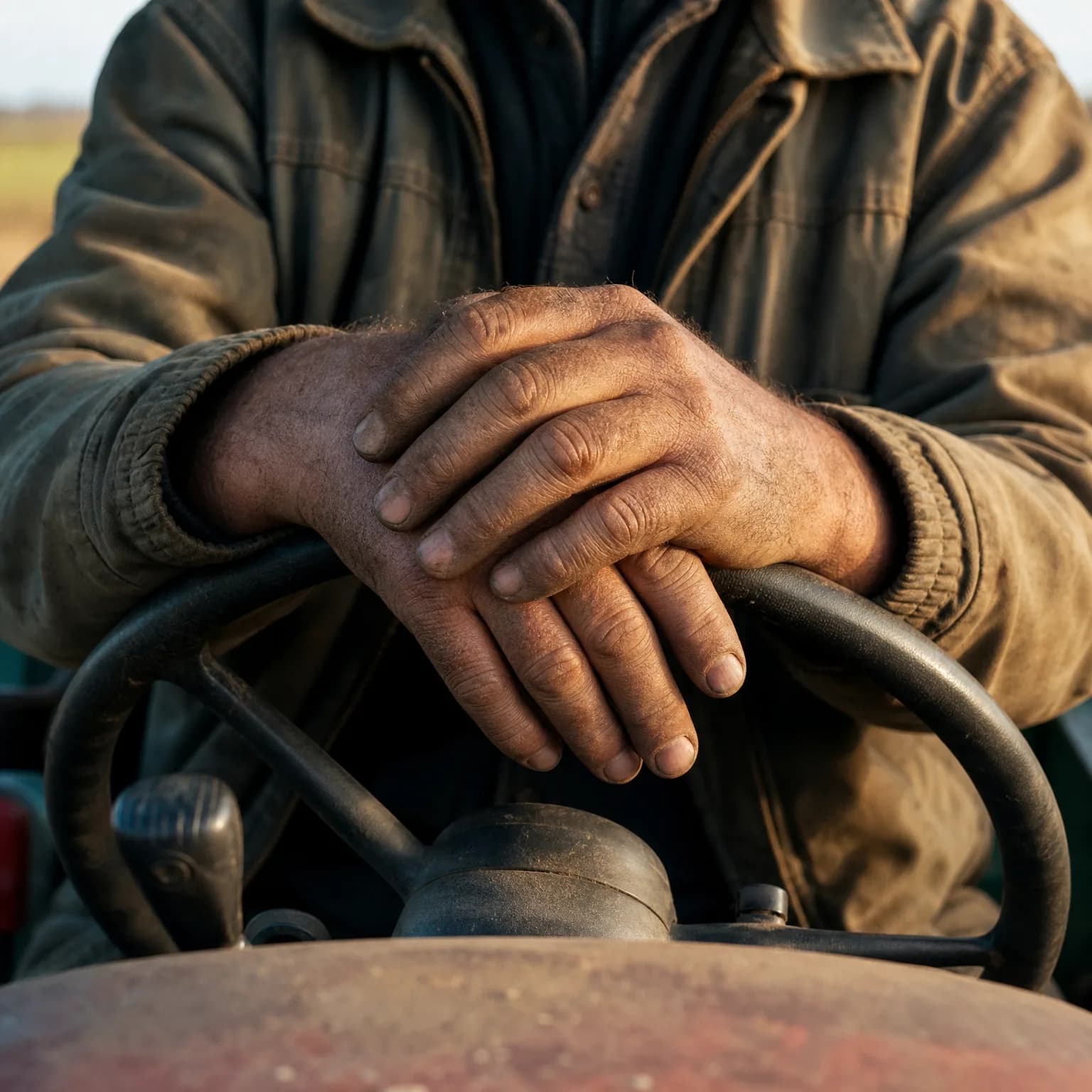 Close-up of a person's weathered, dirt-stained hands crossed over the top of a worn steering wheel, wearing a faded canvas jacket, with a blurred open field in the background.
