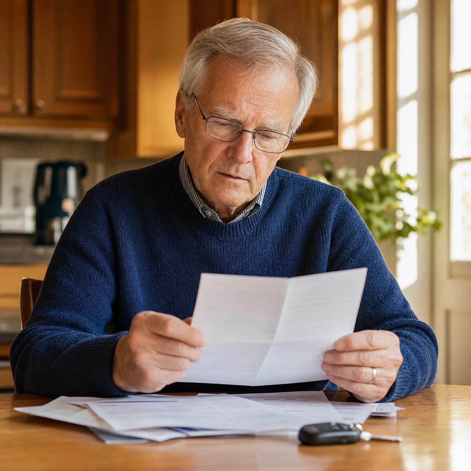 An older man in a blue sweater and glasses sits at a wooden kitchen table reading a folded document, with more papers and a car key fob spread in front of him.