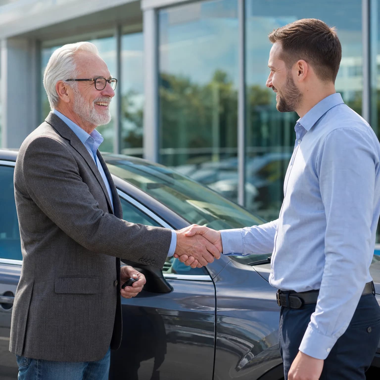 Two men shake hands beside a dark car in front of a glass-fronted building, with the older man in a gray blazer holding a key fob.