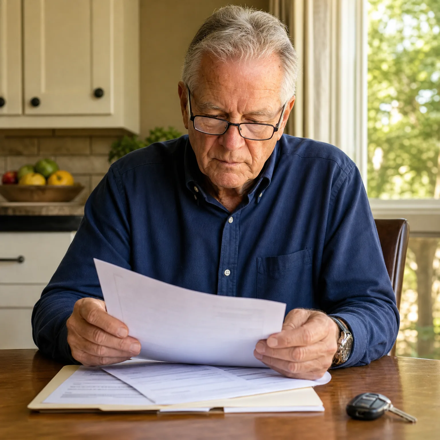 An older man in a navy button-down shirt and glasses sits at a wooden table reading a printed document, with a folder of papers and a car key fob in front of him and a kitchen and window behind.