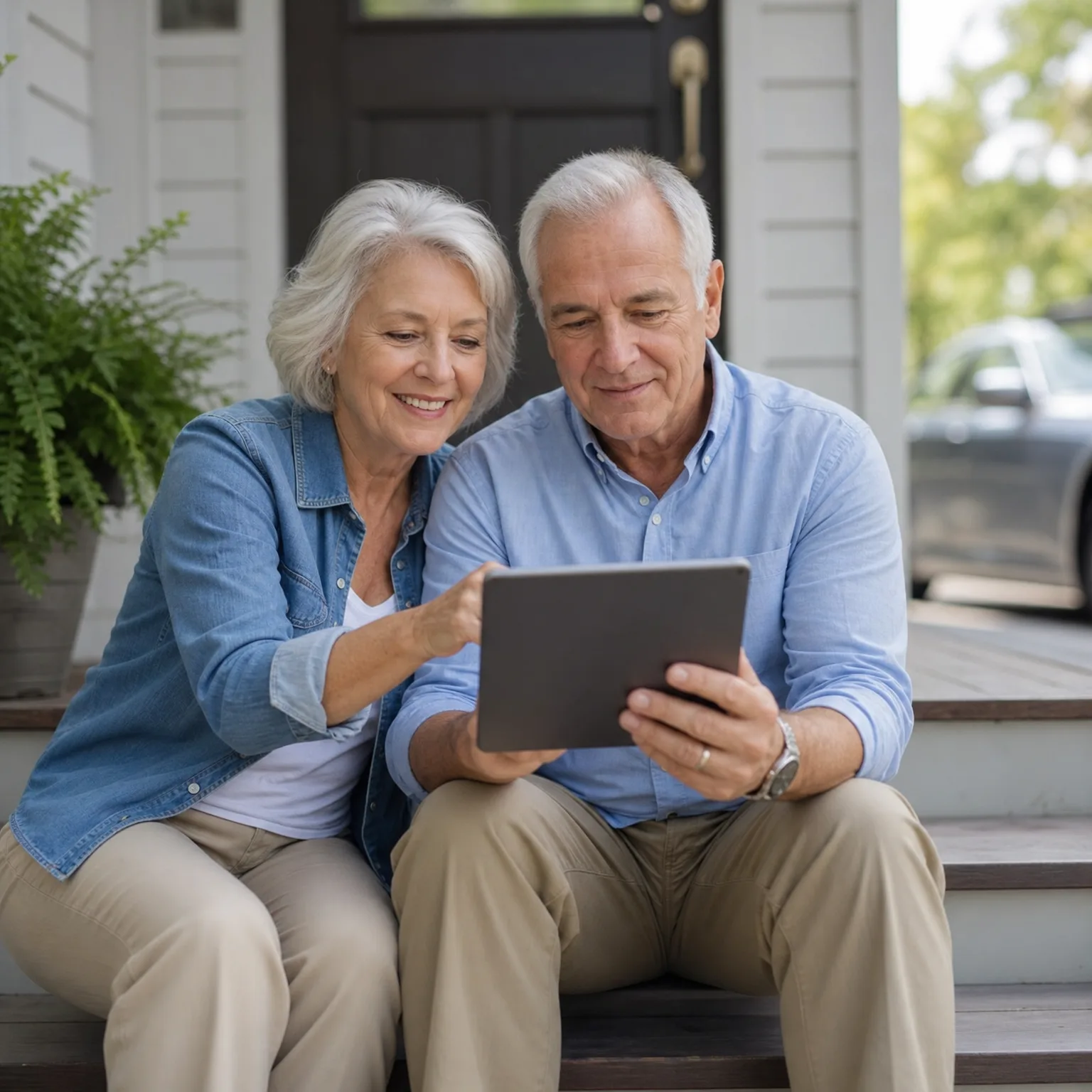 An older woman in a denim shirt and an older man in a light blue shirt sit together on wooden porch steps looking at a tablet, with a potted fern and a dark front door behind them and a vehicle parked in the blurred background.