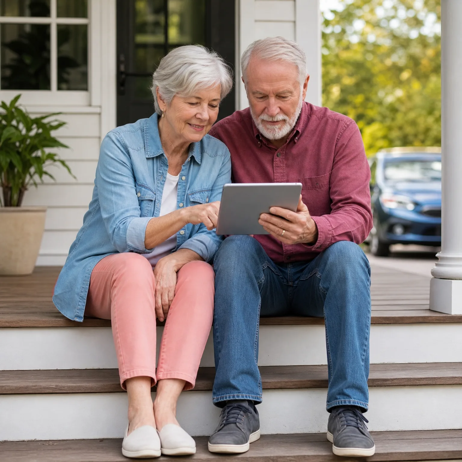 An older woman in a denim shirt and pink trousers and an older man in a dark red shirt and jeans sit together on wooden porch steps of a white house, looking at a tablet, with a dark blue car parked nearby.