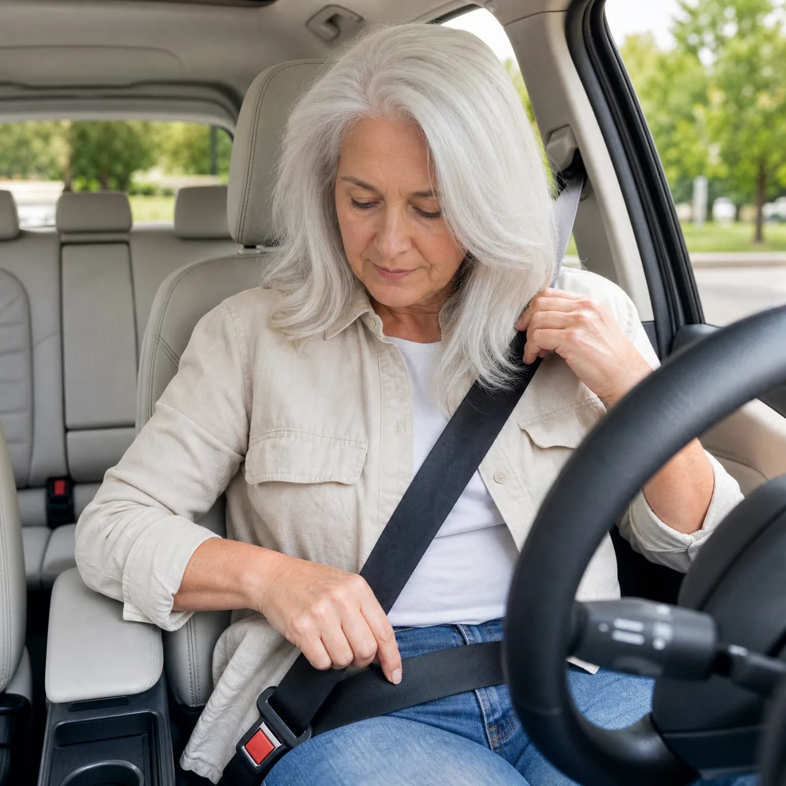 A woman with long white hair in a beige shirt sits in a car's driver seat, fastening her seat belt, with green trees visible through the windows.