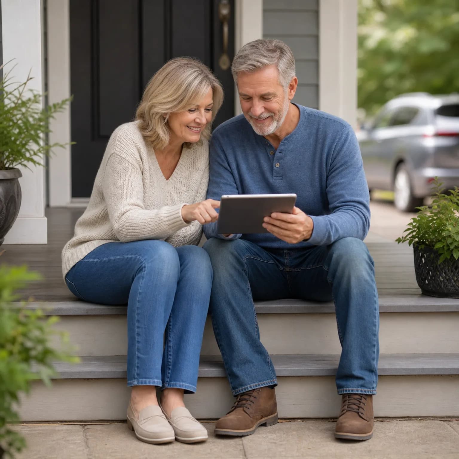 A man and a woman sit together on gray porch steps in front of a dark door, looking at a tablet, with potted plants nearby and a parked SUV in the background.