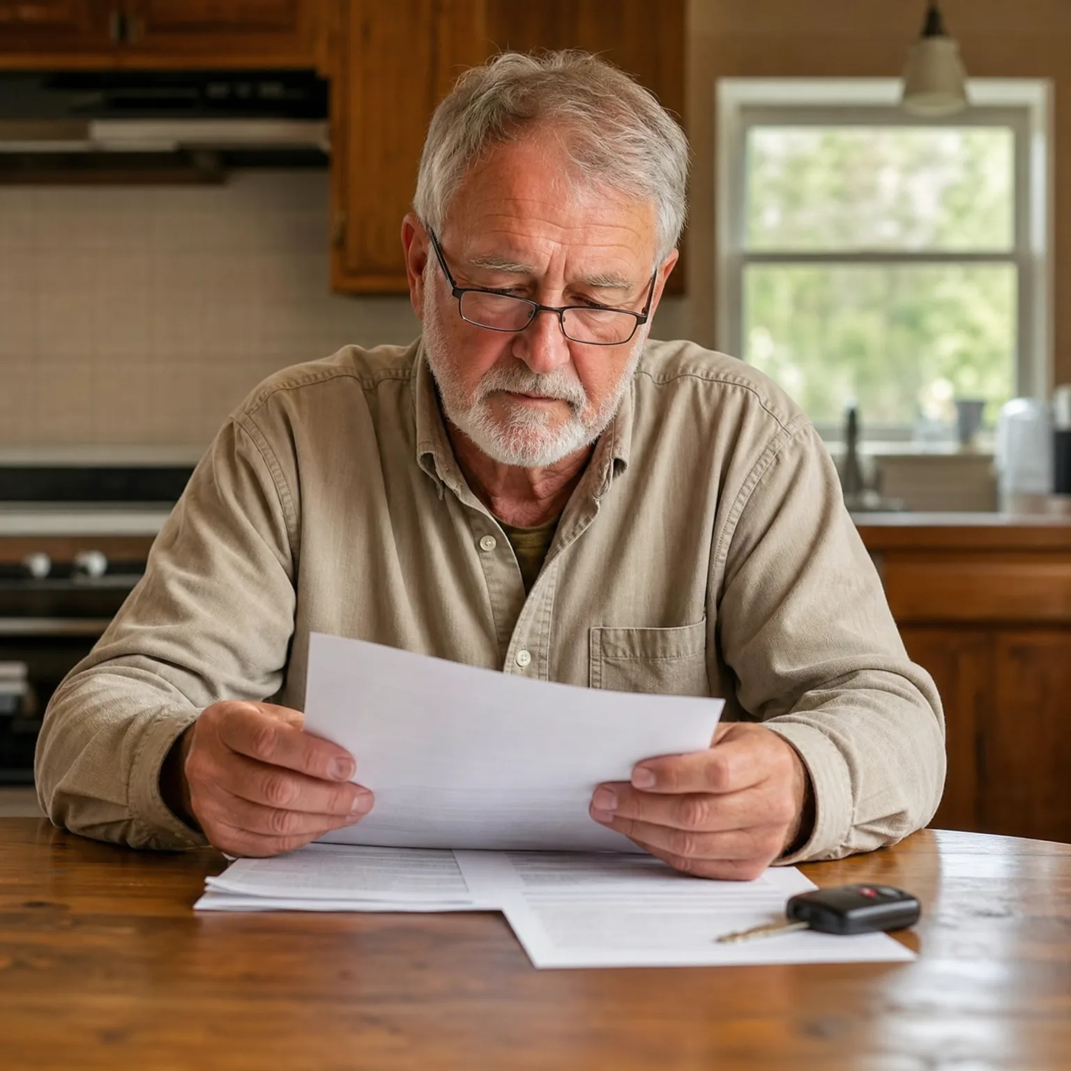 An older man with glasses and a gray beard sits at a wooden kitchen table reading a sheet of paper, with more documents and a car key fob on the table.