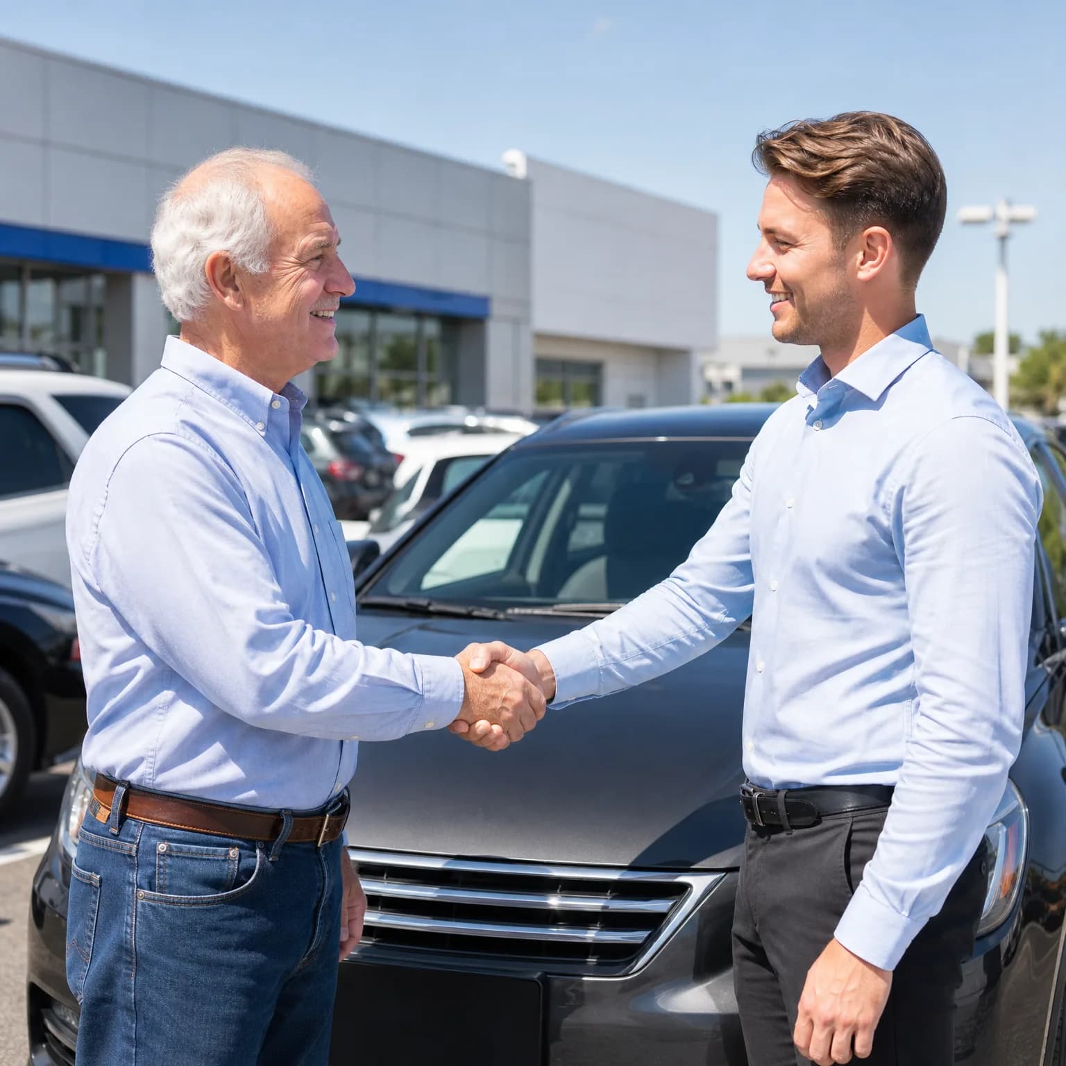 Two men in light blue dress shirts shake hands in front of a dark gray sedan in an outdoor vehicle lot beside a light-colored commercial building.