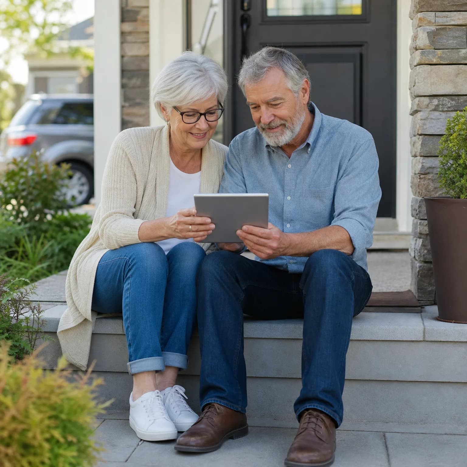 An older woman and man sit together on a stone front step of a house with a dark door and stone-clad columns, looking at a tablet held between them.