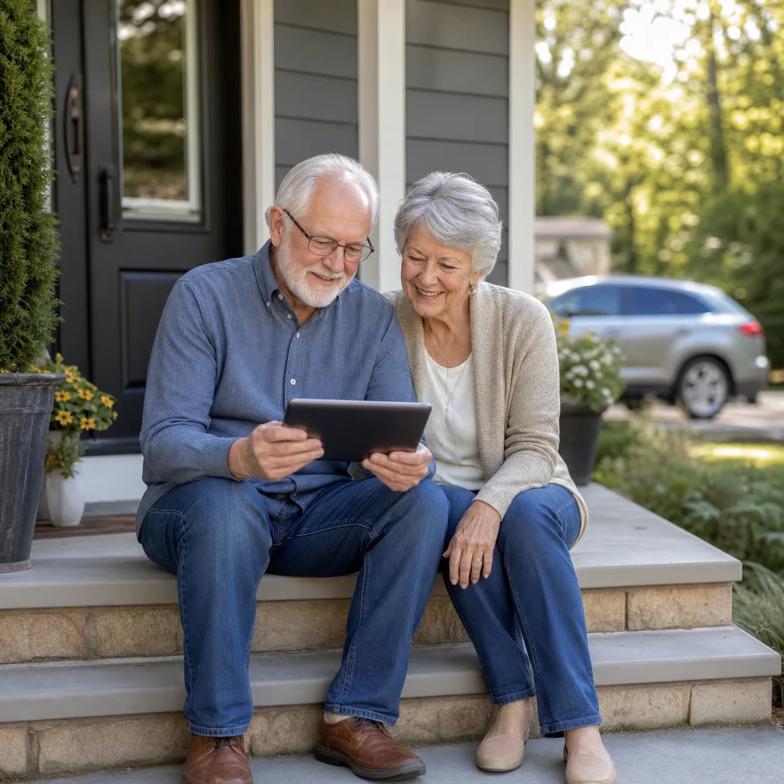 An older man and woman sit together on concrete front steps of a gray-sided house, looking at a tablet, with potted plants and a parked SUV nearby.