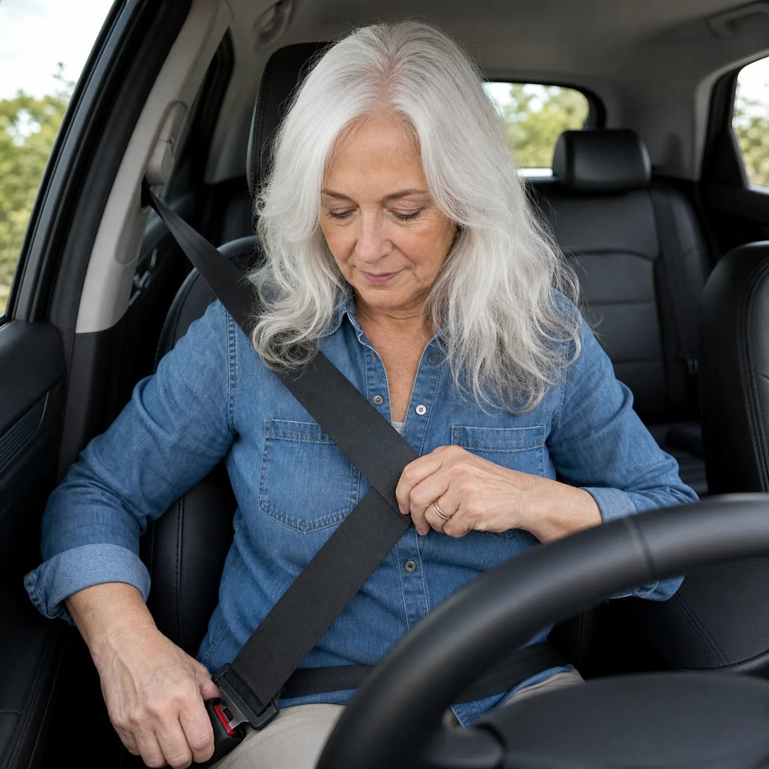 A woman with long white hair in a denim shirt sits in a car's driver seat, fastening her seat belt and looking down at the buckle.