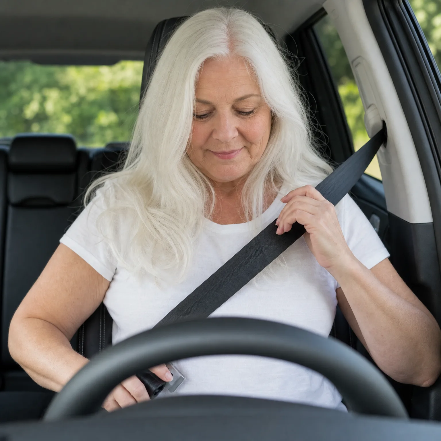 An older woman with long white hair in a white T-shirt sits in a car's driver seat, pulling the seat belt across her chest with green foliage visible through the window.